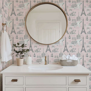 Paris-themed toile wallpaper with Eiffel Tower, Arc de Triomphe, and Notre Dame, perfect for a nursery or playroom accent.