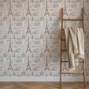 Dreaming of Paris wallpaper with Eiffel Tower, Arc de Triomphe, and Notre Dame on pink toile design for nursery or playroom décor.