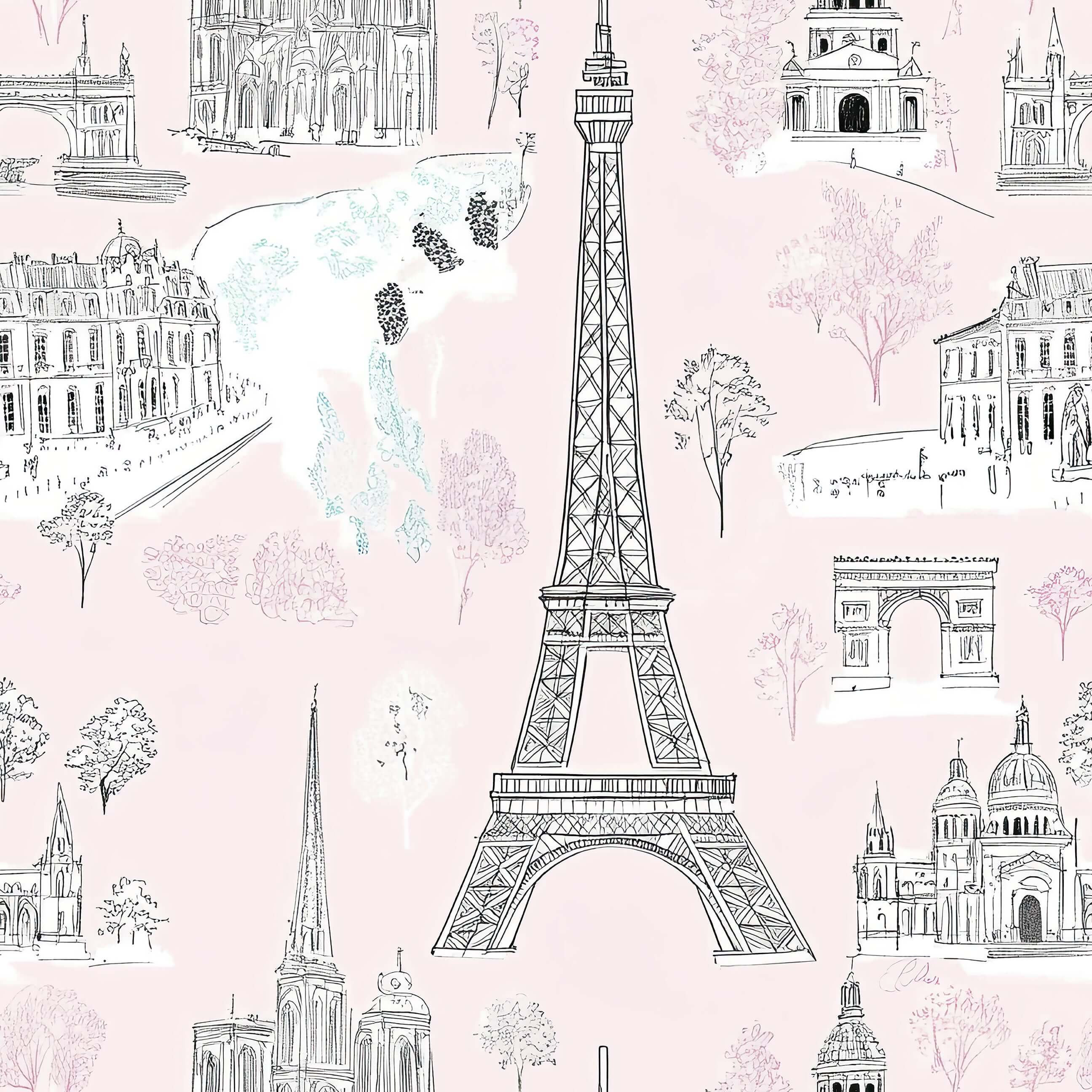 Parisian toile wallpaper with Eiffel Tower, Arc de Triomphe & Notre Dame, perfect for children's nursery or playroom.