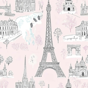 Parisian toile wallpaper with Eiffel Tower, Arc de Triomphe & Notre Dame, perfect for children's nursery or playroom.