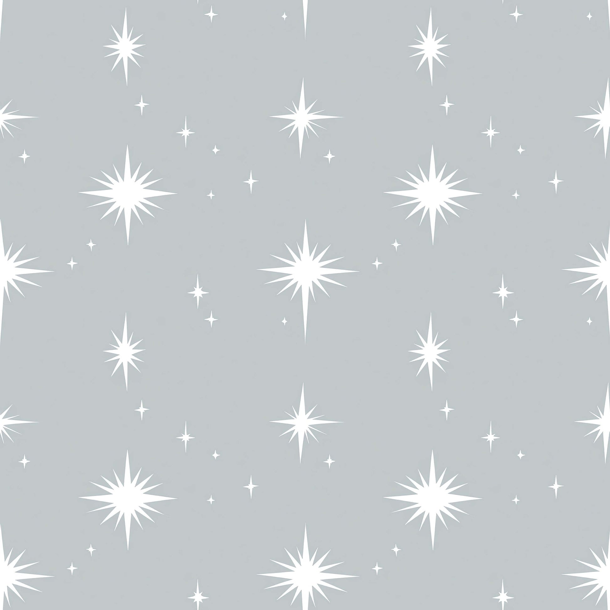 Dreamy Night Sky wallpaper with white stars on a gray background, perfect for children's nurseries and playrooms.
