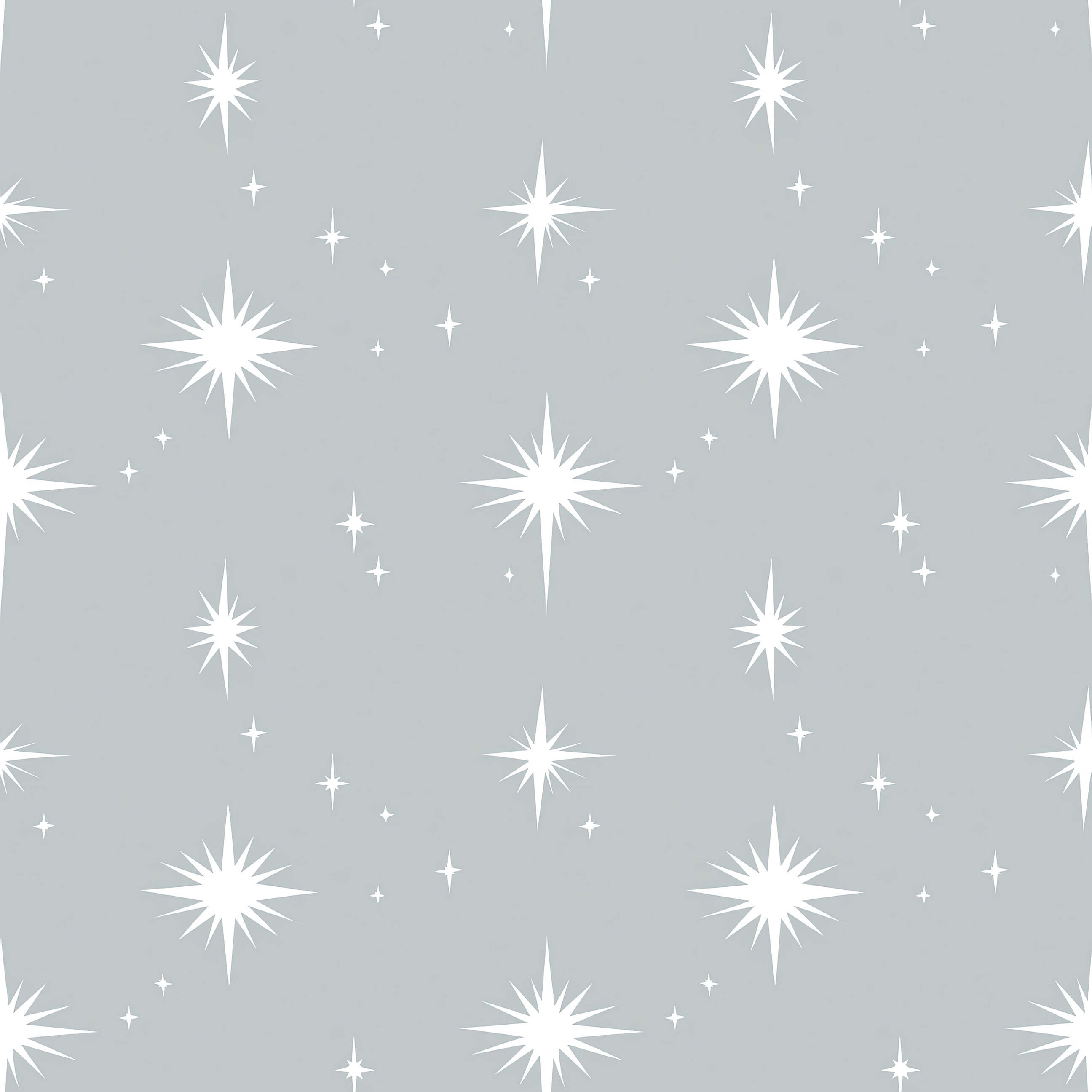 Dreamy Night Sky wallpaper with white stars on a gray background, perfect for children's nurseries and playrooms.