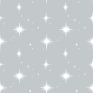 Dreamy Night Sky wallpaper with white stars on a gray background, perfect for children's nurseries and playrooms.
