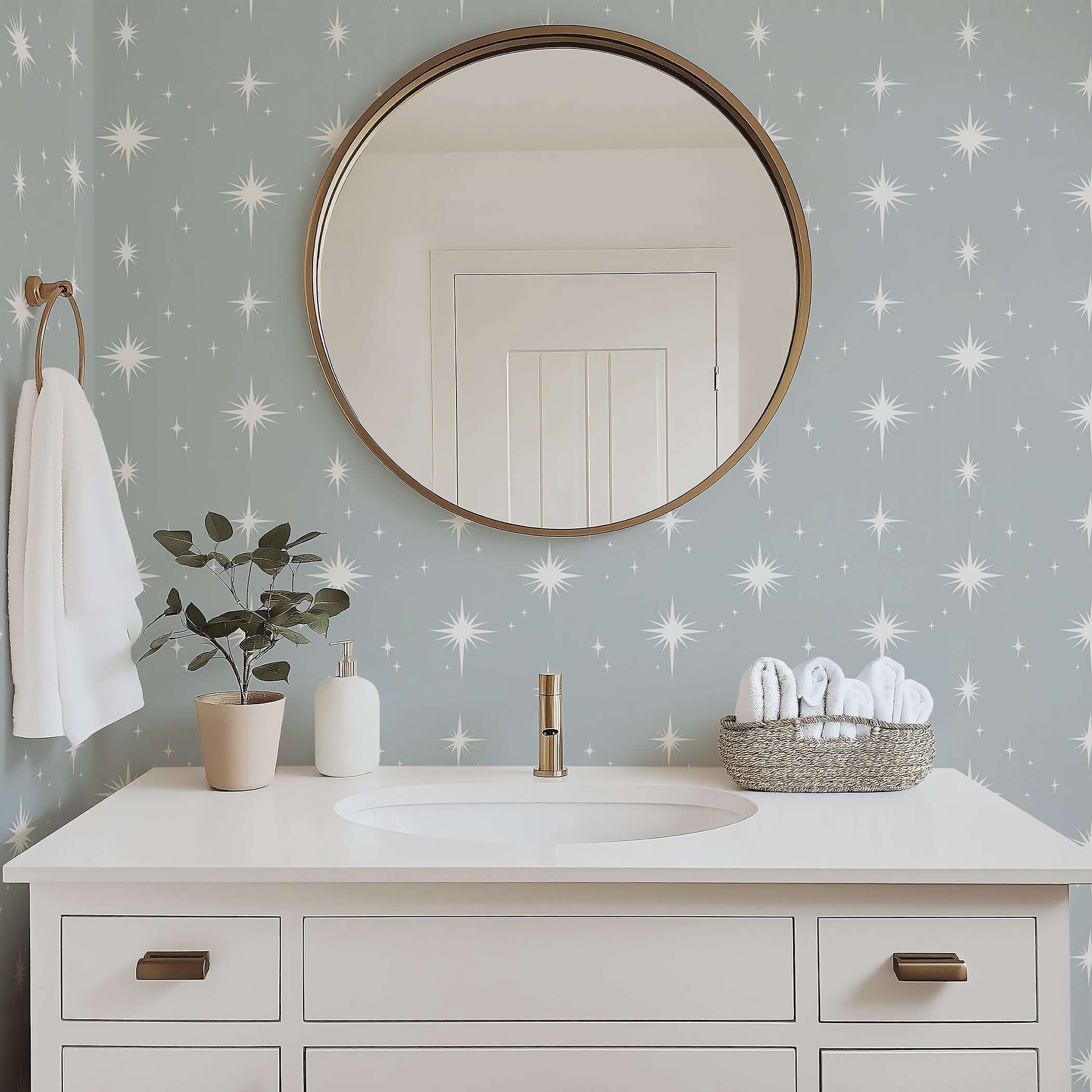 Bathroom with "Dreamy Night Sky" gray wallpaper featuring white stars, perfect for nurseries and playrooms.
