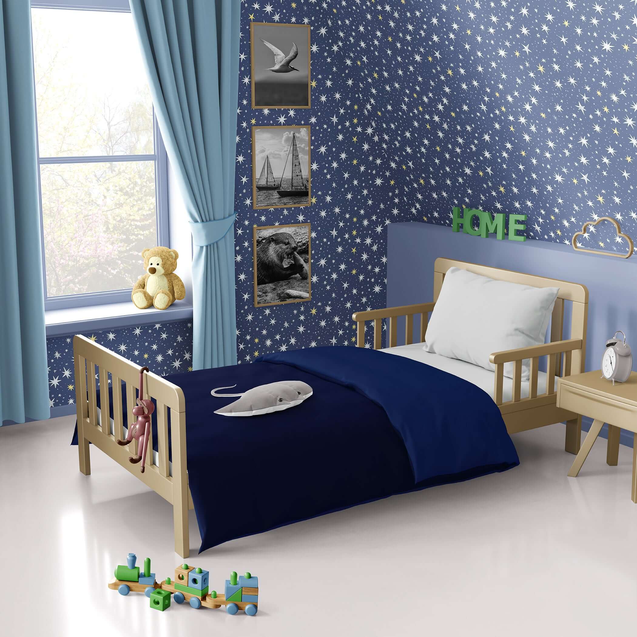 Children's room with Twinkle Twinkle Little Star wallpaper, navy blue bed, toys, ideal for nurseries and playrooms, featuring stars.