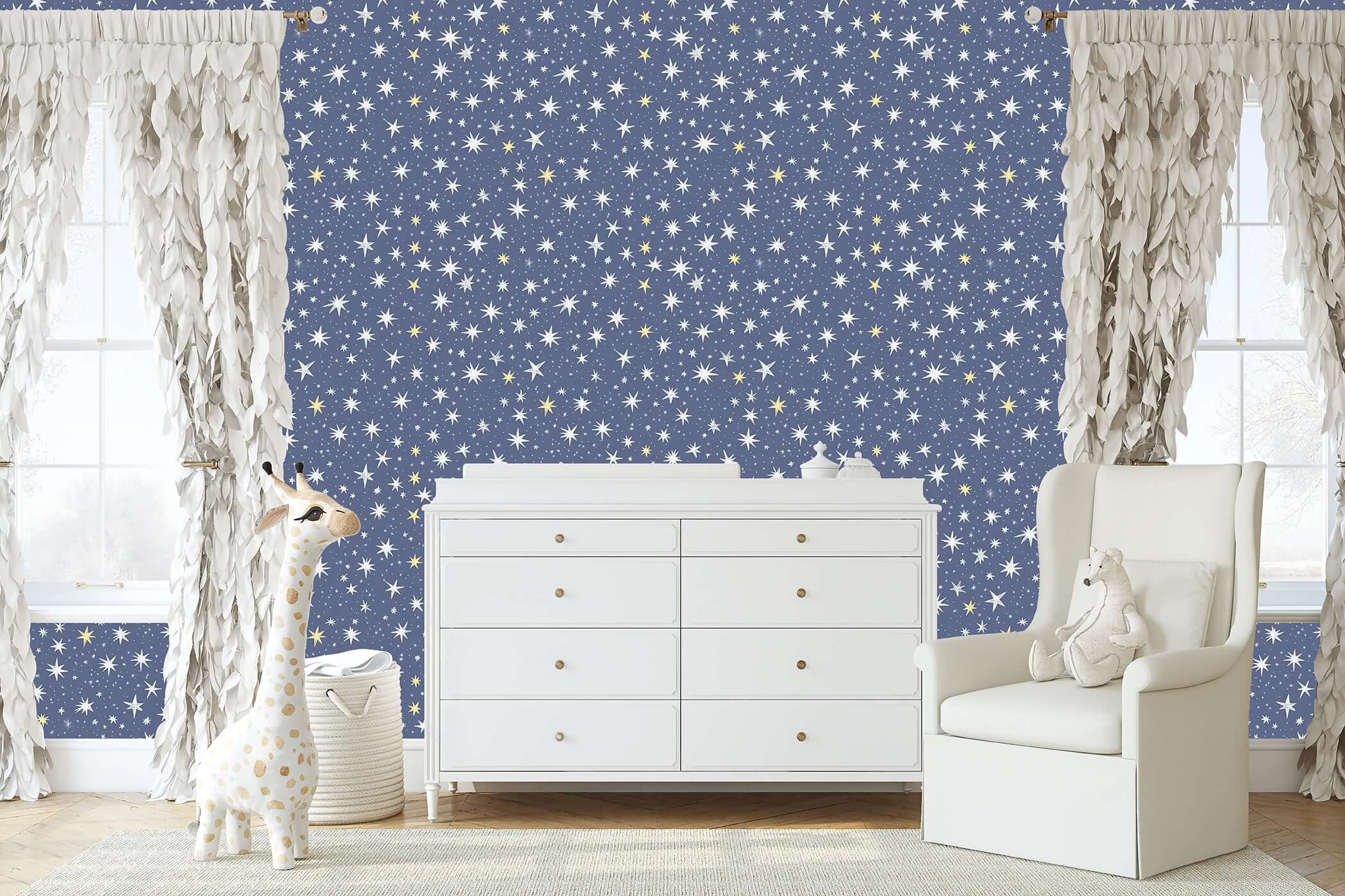 Children's room with Twinkle Twinkle Little Star wallpaper featuring playful stars, a giraffe plush, and cozy white furniture.