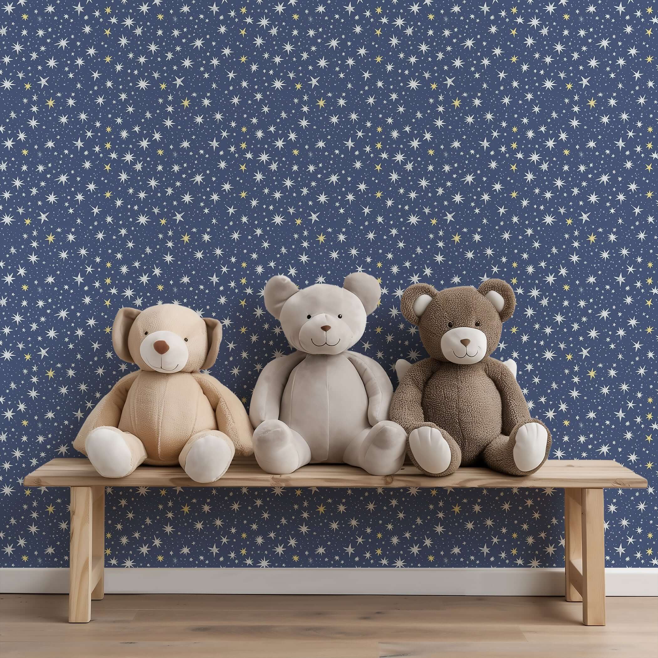 Twinkle Twinkle Little Star wallpaper in nursery with teddy bears. Navy blue backdrop with white and gold stars. Ideal for playrooms and kids' spaces.