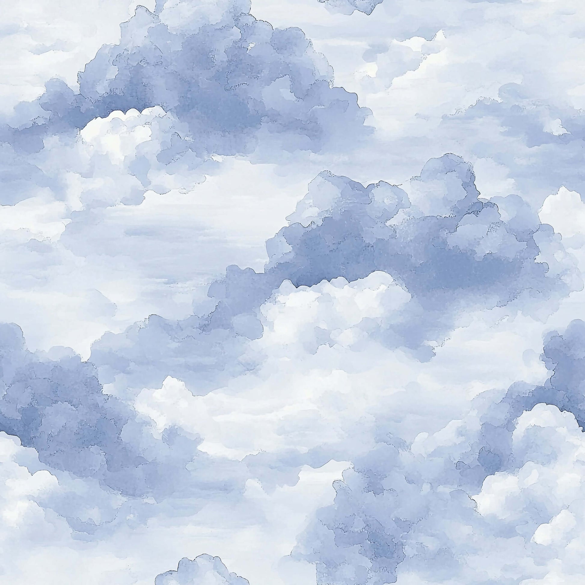 Serene Cloud Drift wallpaper with watercolor blue and white clouds, perfect for children's nursery and playroom décor with bunnies.