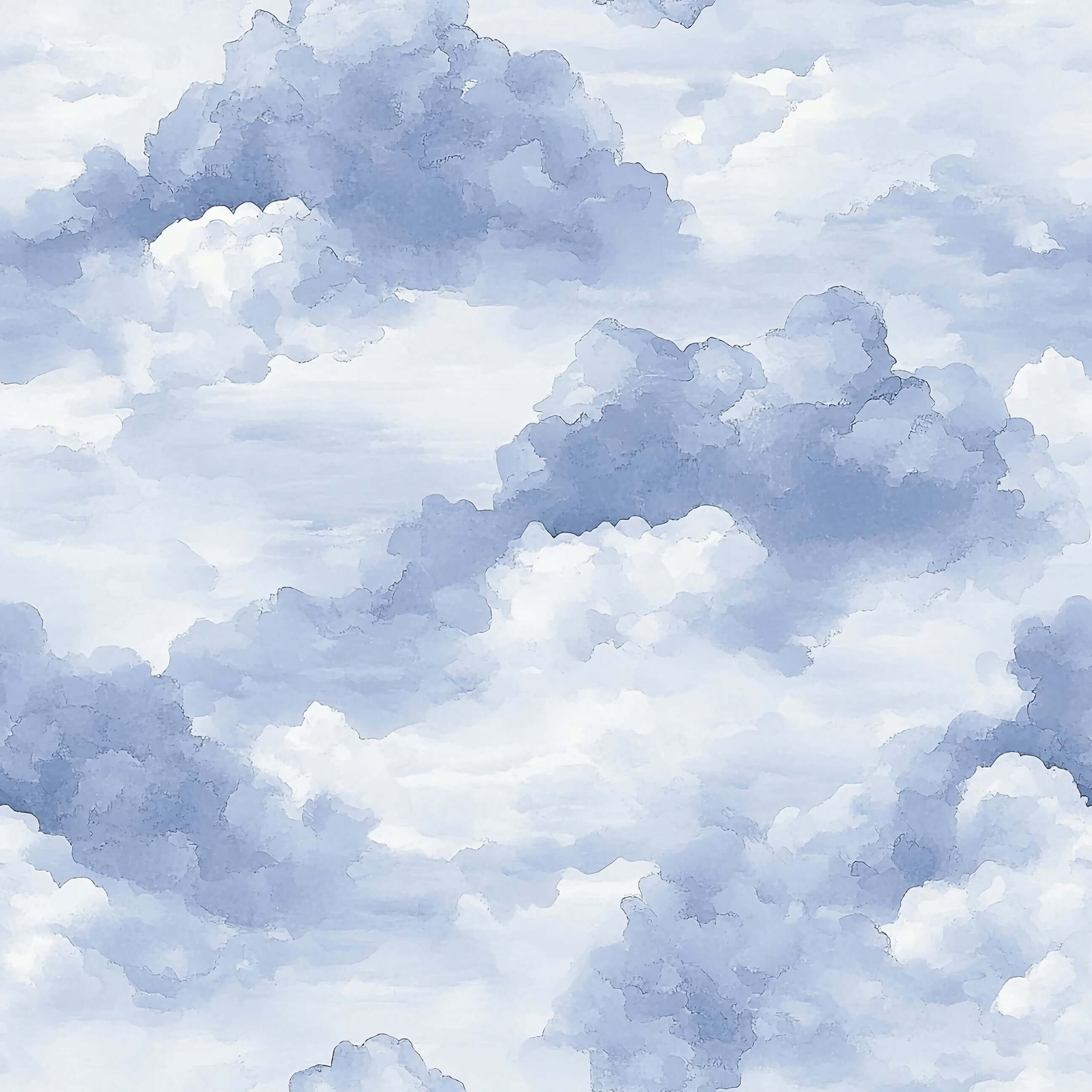 Serene Cloud Drift wallpaper with watercolor blue and white clouds, perfect for children's nursery and playroom décor with bunnies.