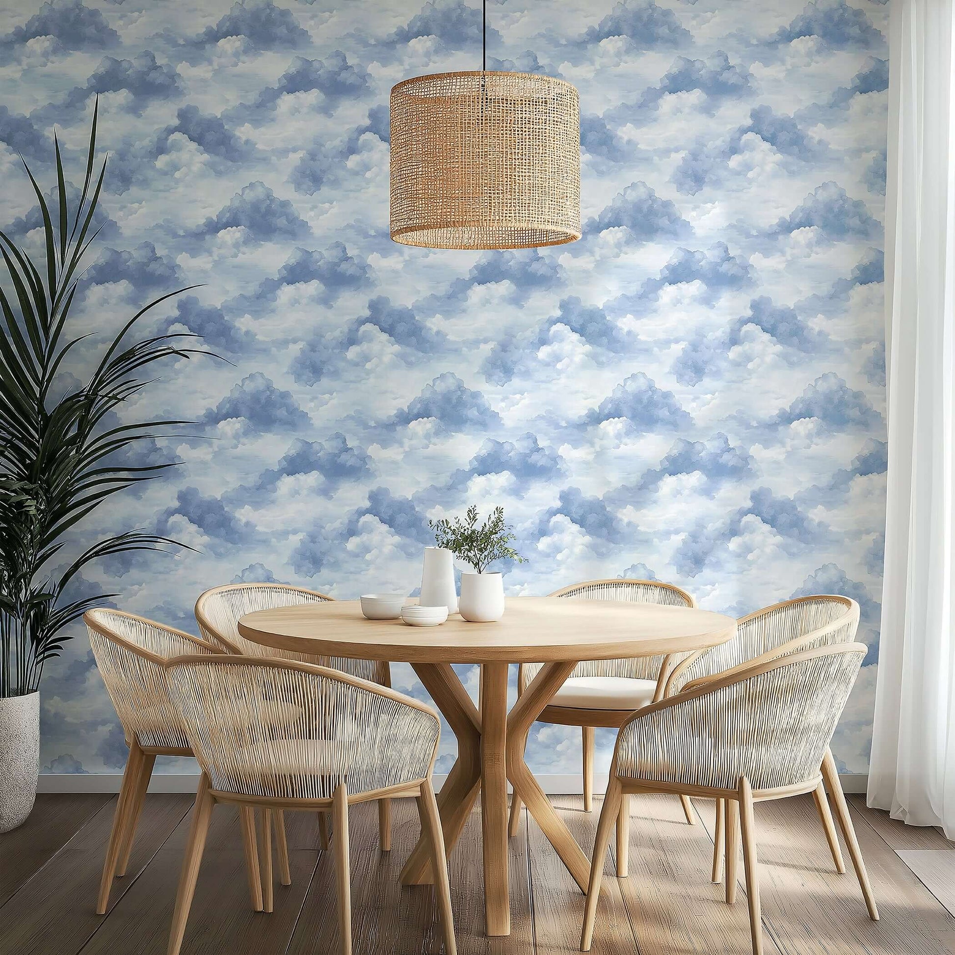 Serene Cloud Drift Wallpaper in a dining room with wicker chairs, perfect cloud decor for nurseries or playrooms with bunnies and children.