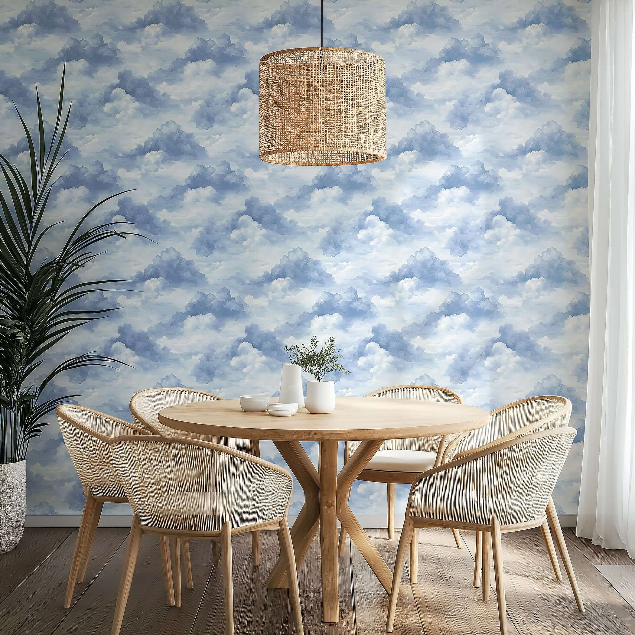 Serene Cloud Drift Wallpaper in a dining room with wicker chairs, perfect cloud decor for nurseries or playrooms with bunnies and children.