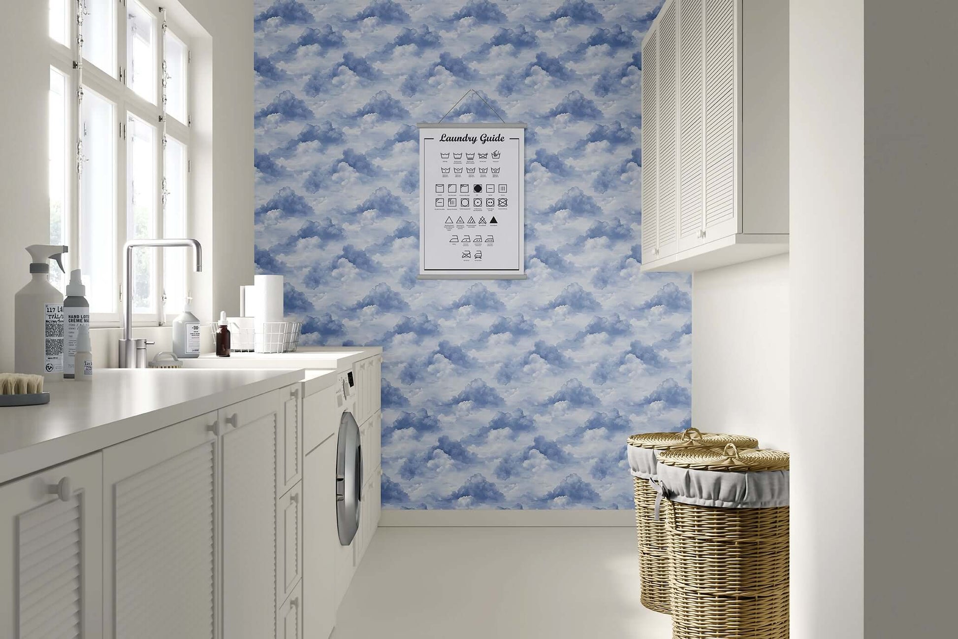 Serene Cloud Drift Wallpaper in laundry room, perfect for nurseries and playrooms. Ideal for children, rabbits, and bunnies themes.