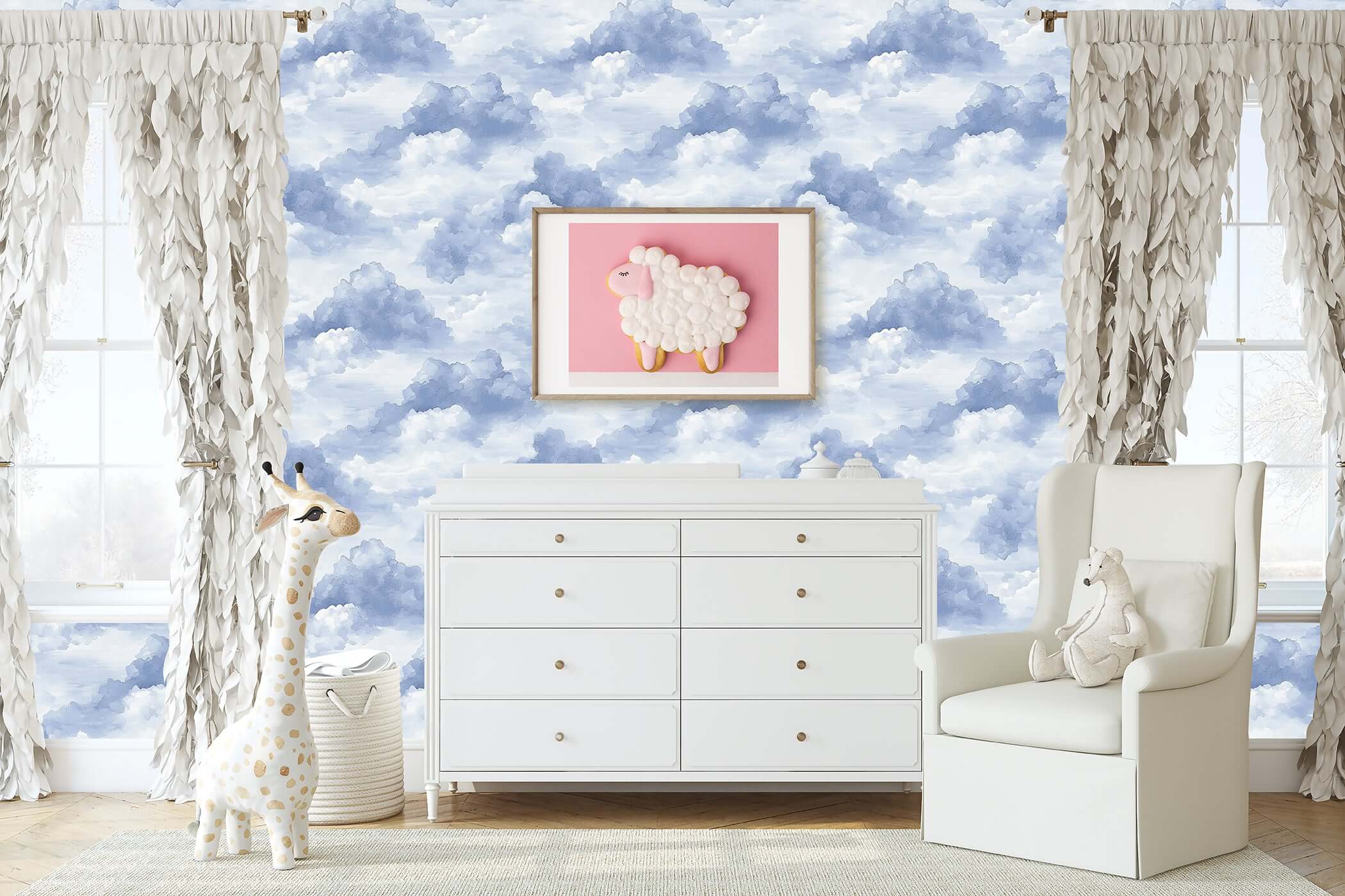 Children's nursery with Serene Cloud Drift wallpaper featuring blue clouds, a plush giraffe, and soft toys, perfect for playrooms.