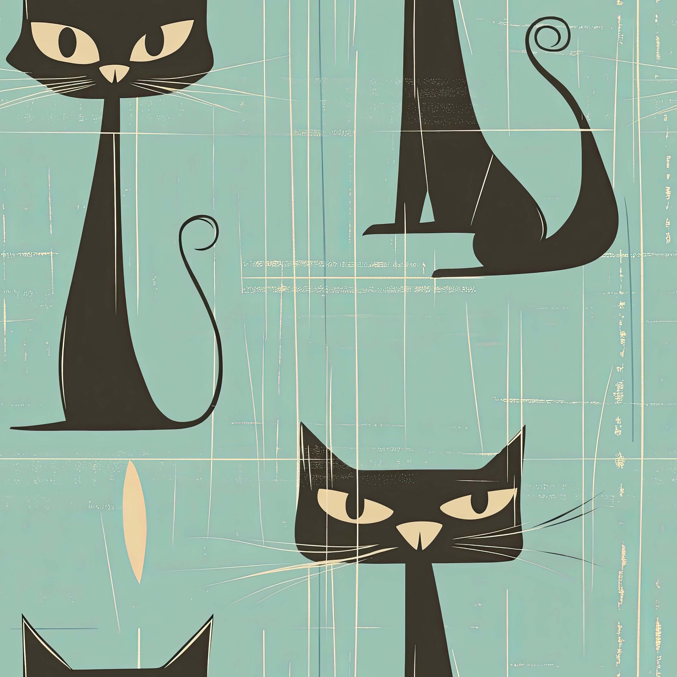 Mid-century modern wallpaper with sleek black cats on a distressed teal background, perfect for children's rooms and playrooms.