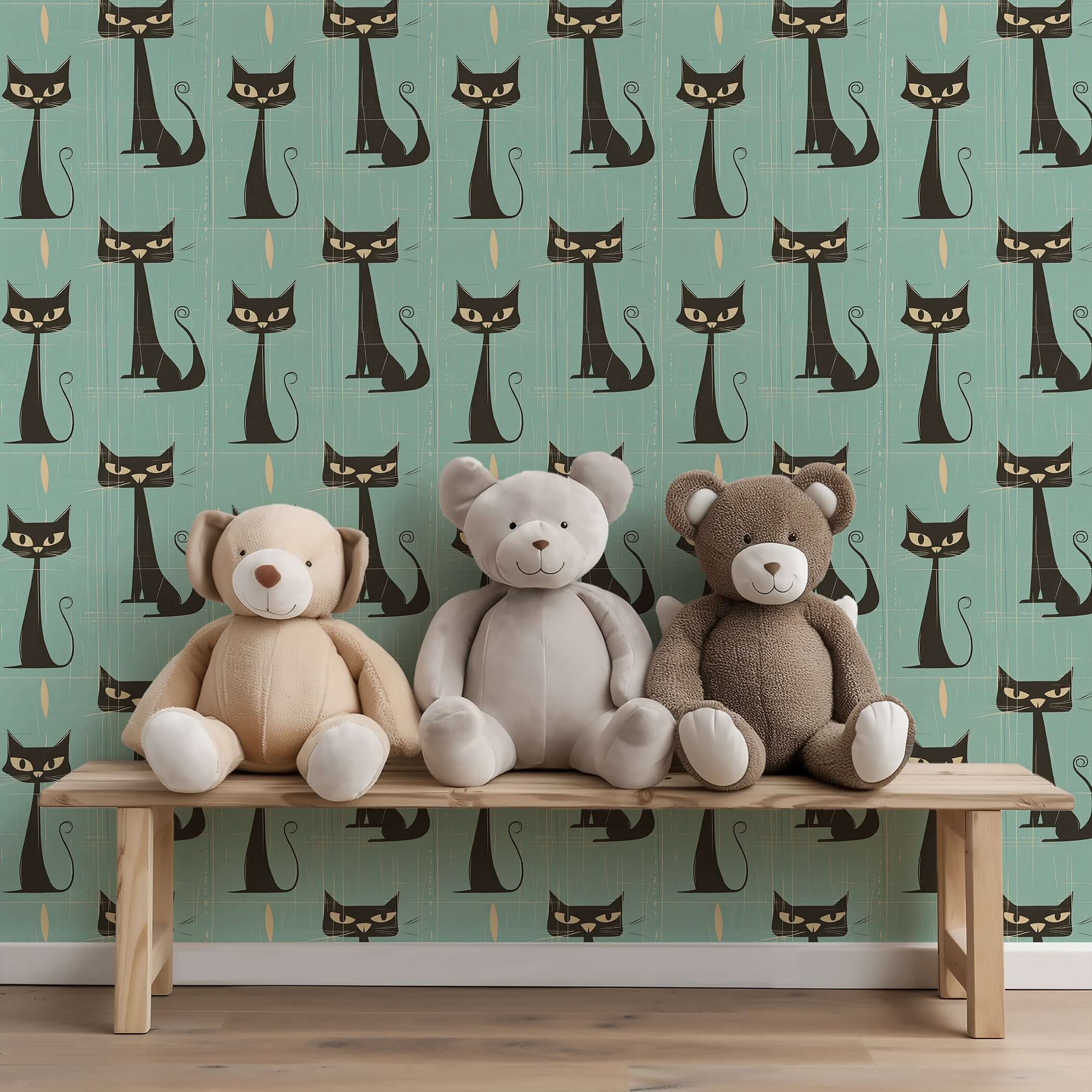 Mid-century modern wallpaper with sleek black cats on teal, perfect for nurseries or playrooms, adds vintage charm and character.