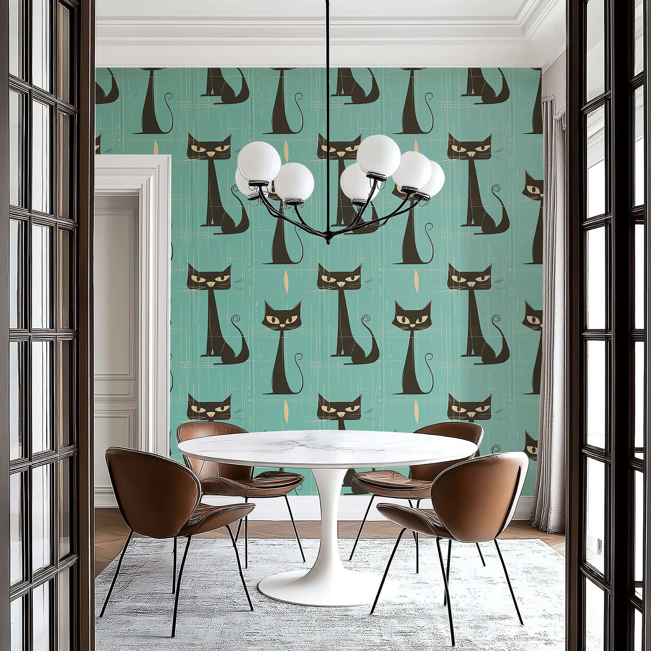 Stylish mid-century modern wallpaper featuring sleek black cats on teal, ideal for nurseries, children's playrooms, and creative spaces.