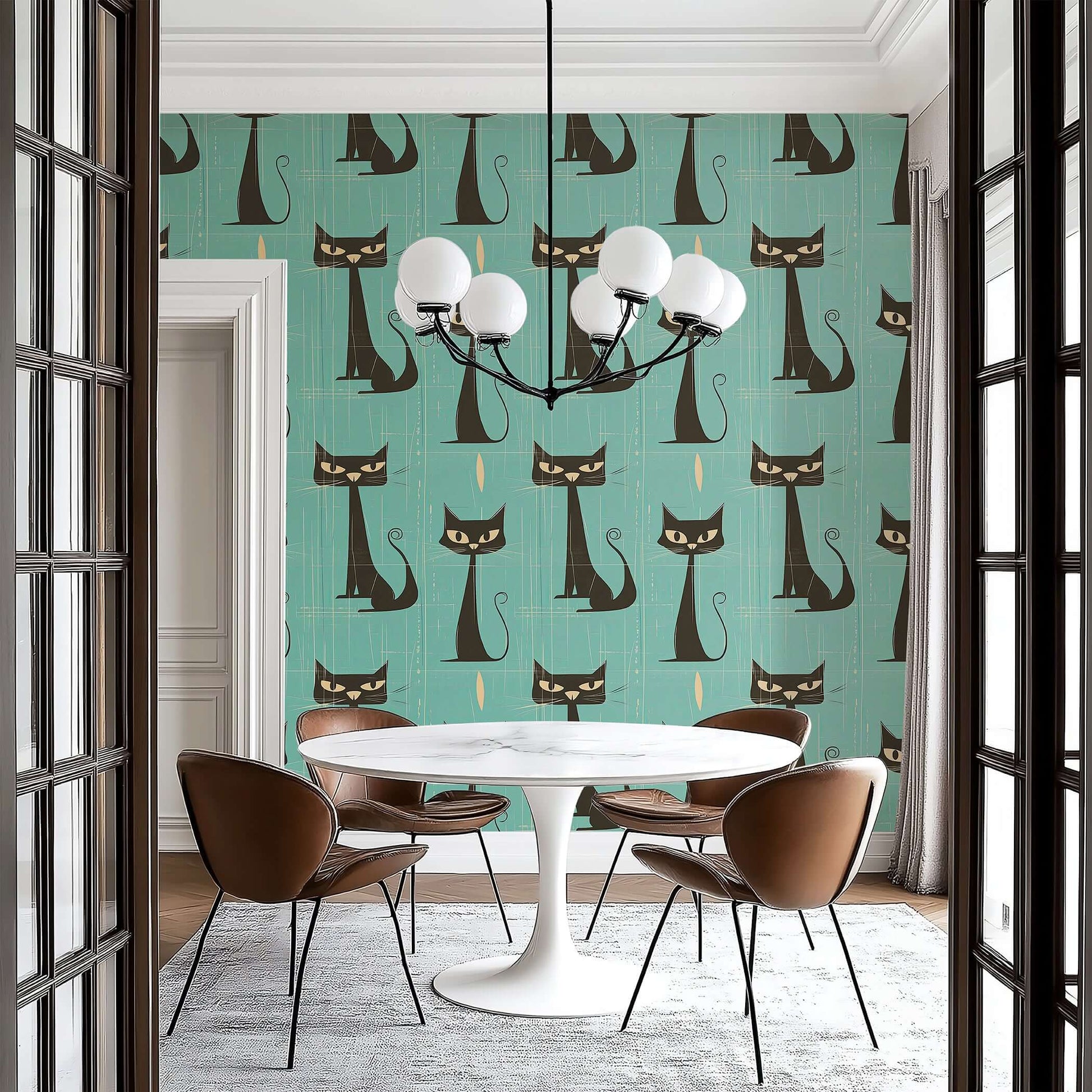 Stylish mid-century modern wallpaper featuring sleek black cats on teal, ideal for nurseries, children's playrooms, and creative spaces.