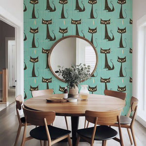 Mid-century modern wallpaper with sleek black cats on teal background, perfect for nurseries, playrooms, and creative spaces.