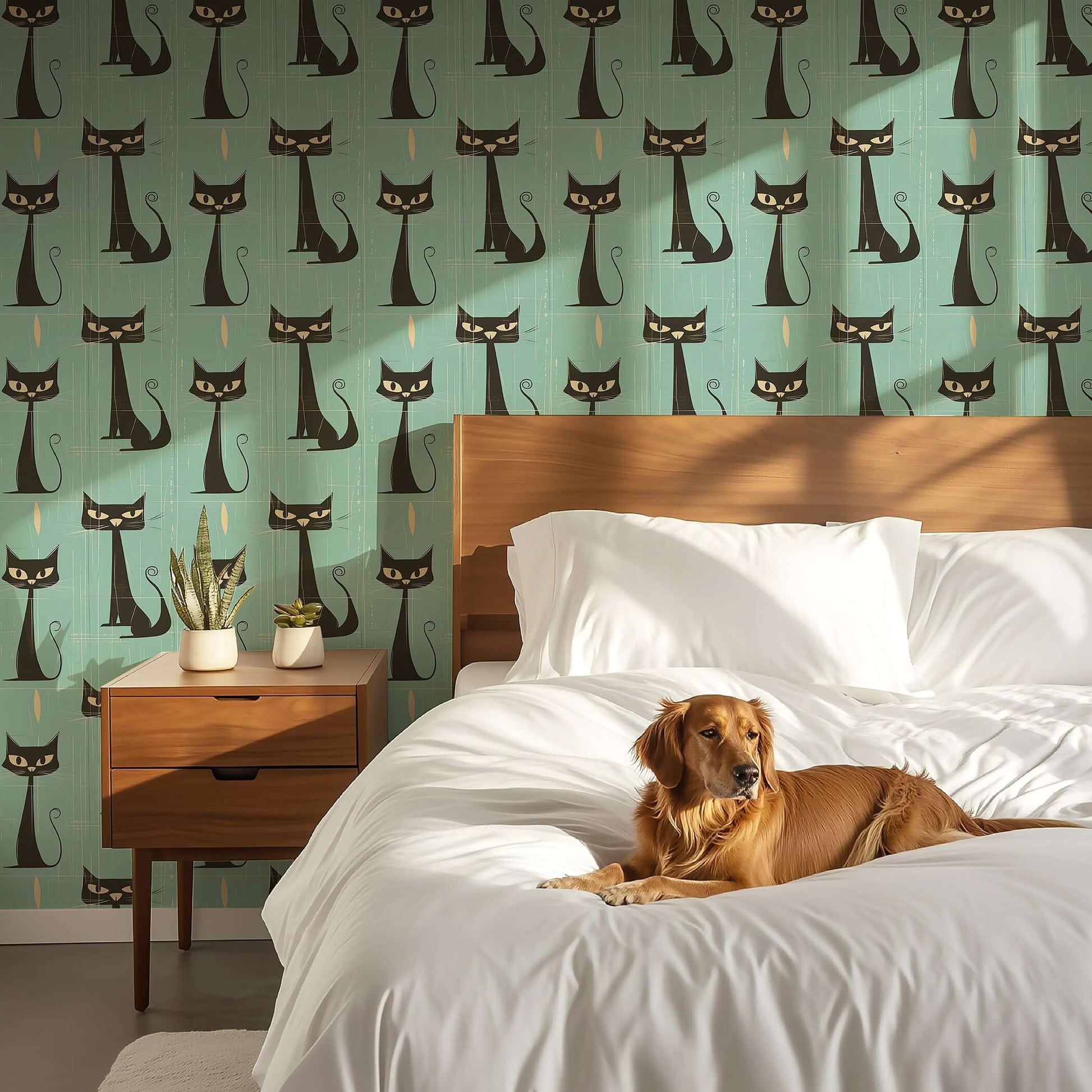 Mid-Century Cats Wallpaper: Retro teal background with sleek black cats, adding charm to a cozy bedroom with a golden retriever on the bed.
