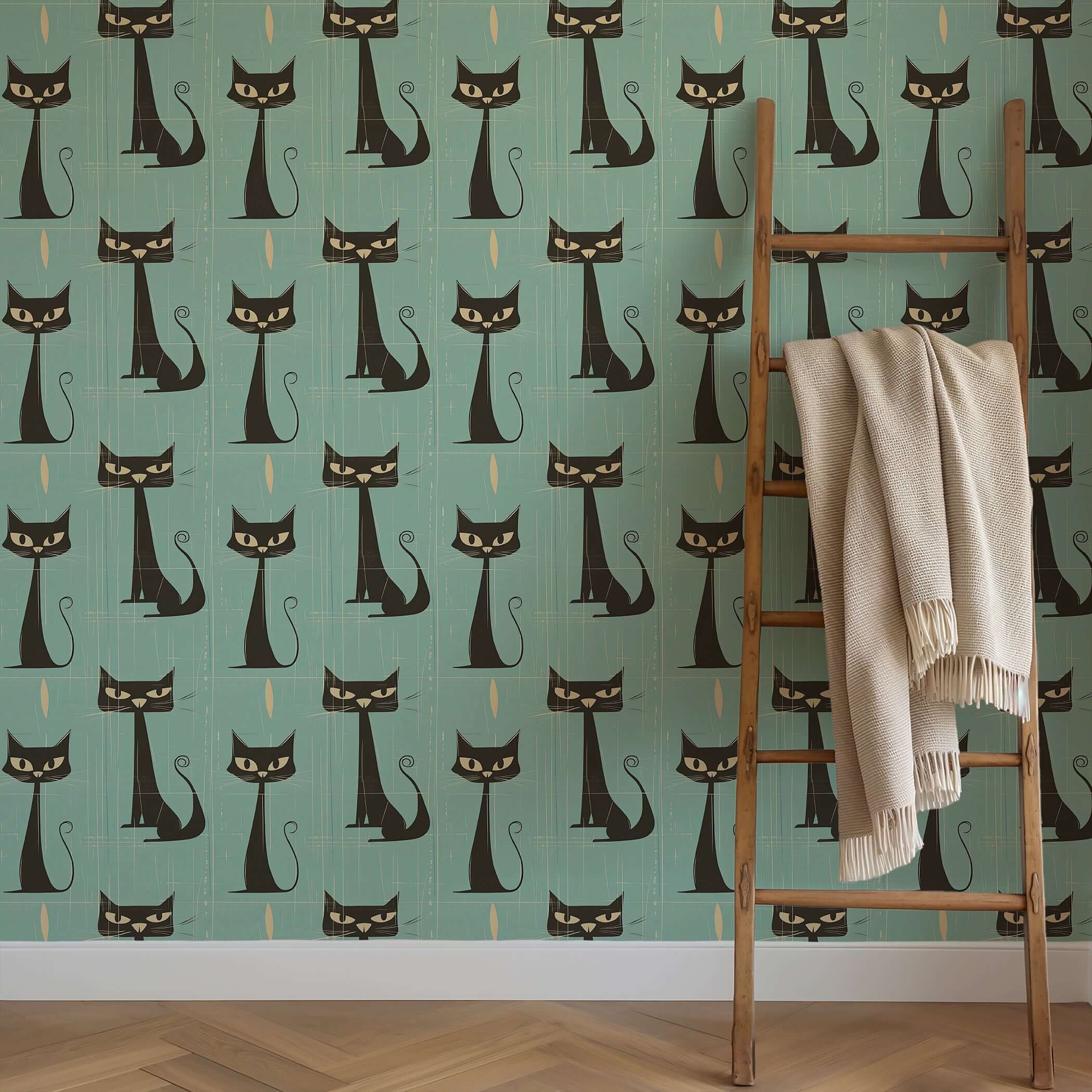 Mid-century modern wallpaper with black cats on teal, perfect for children's playroom, nursery, or creative studio decor.