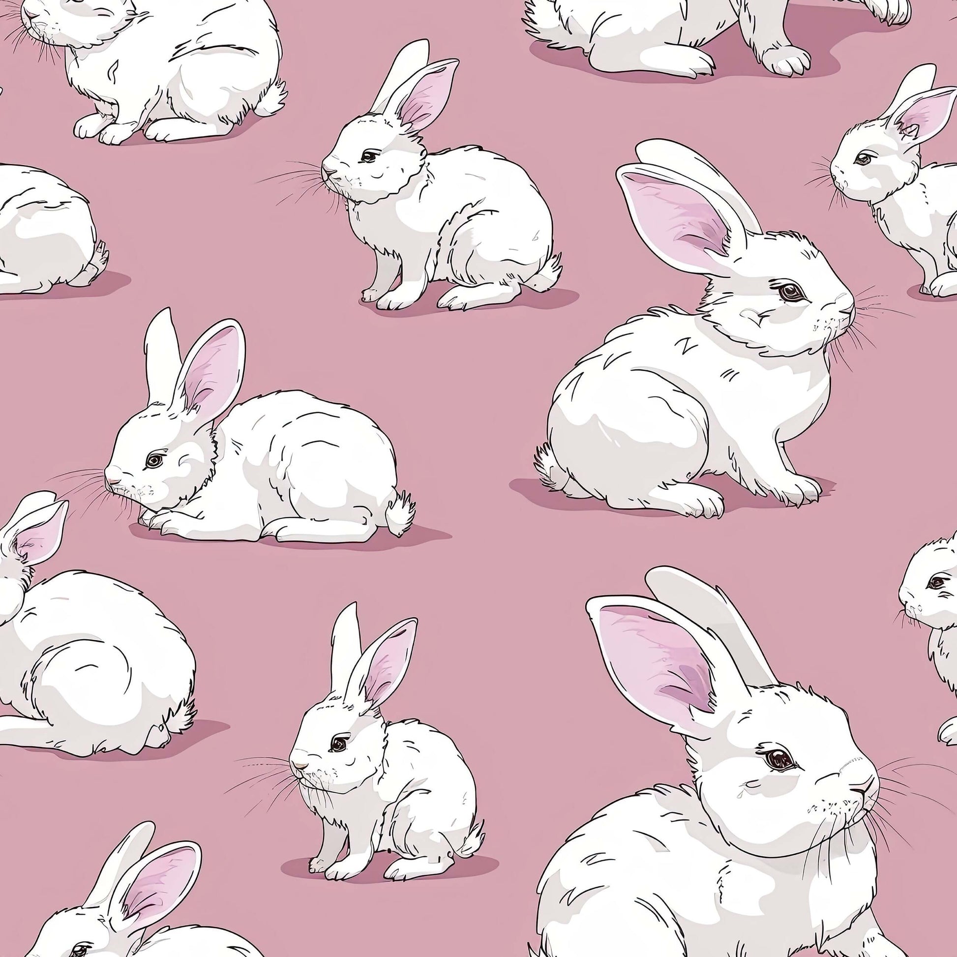 Charming hand-drawn white rabbits on mauve-pink background wallpaper, perfect for children's nursery or playroom decor.