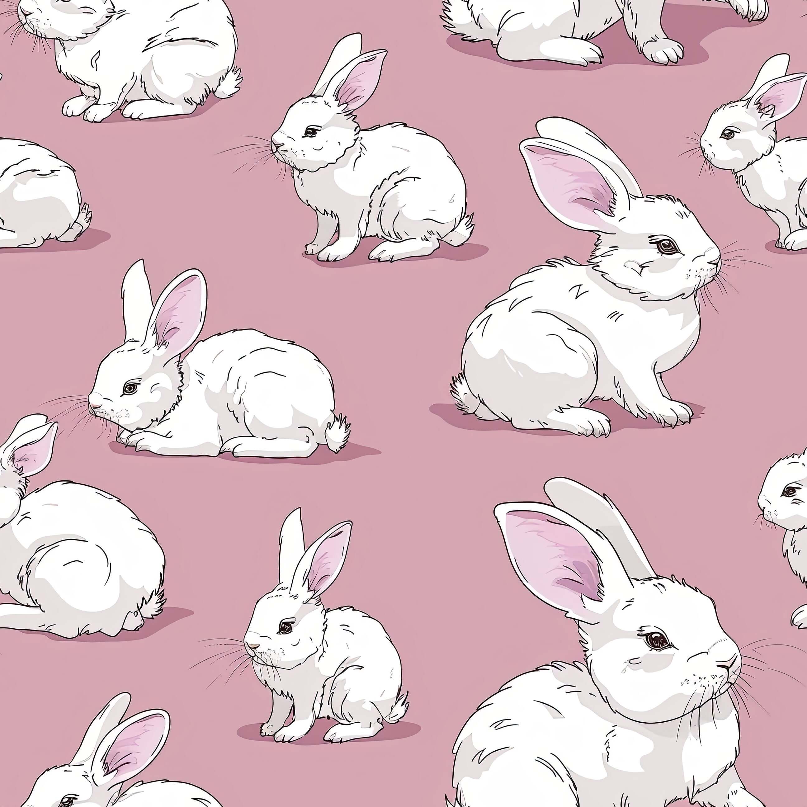 Charming hand-drawn white rabbits on mauve-pink background wallpaper, perfect for children's nursery or playroom decor.