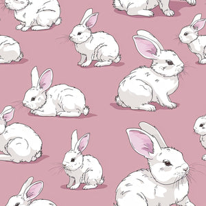 Charming hand-drawn white rabbits on mauve-pink background wallpaper, perfect for children's nursery or playroom decor.
