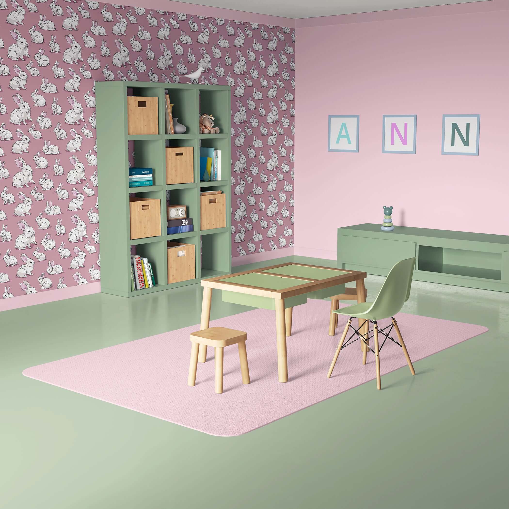 Cozy Cottontail Bliss wallpaper with playful bunnies on a mauve-pink background in a cute children's nursery and playroom setup.