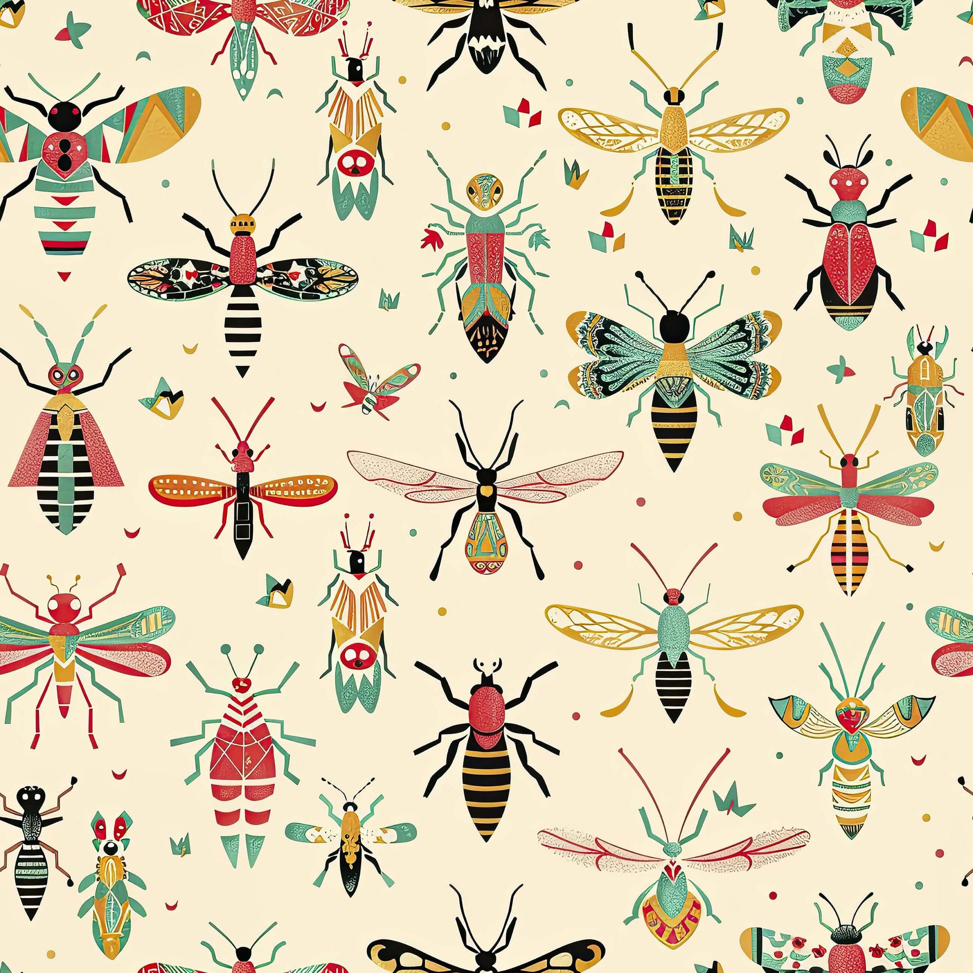 Whimsical Bug Parade wallpaper with colorful insects on a creamy background, perfect for children's nursery or playroom.