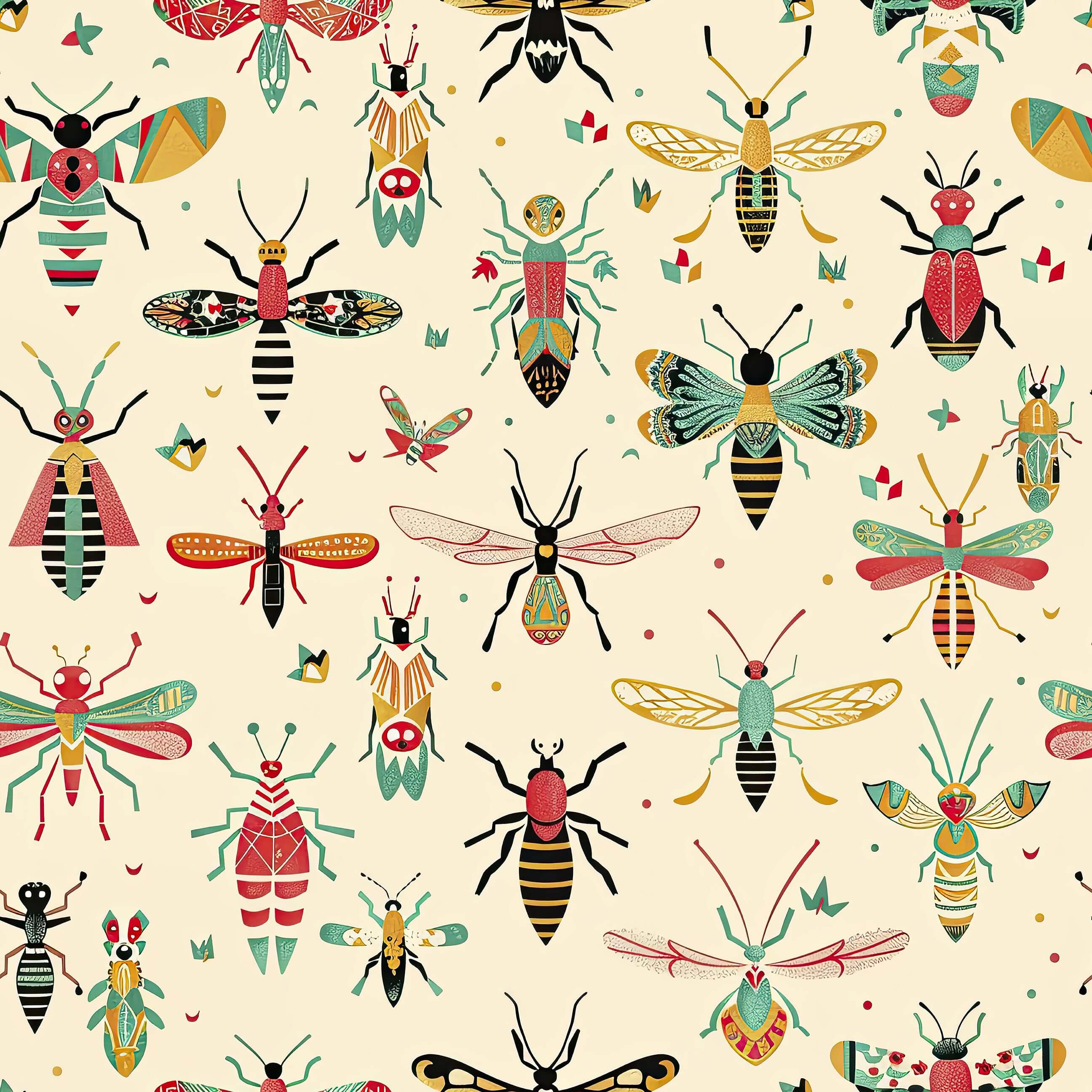 Whimsical Bug Parade wallpaper with colorful insects on a creamy background, perfect for children's nursery or playroom.