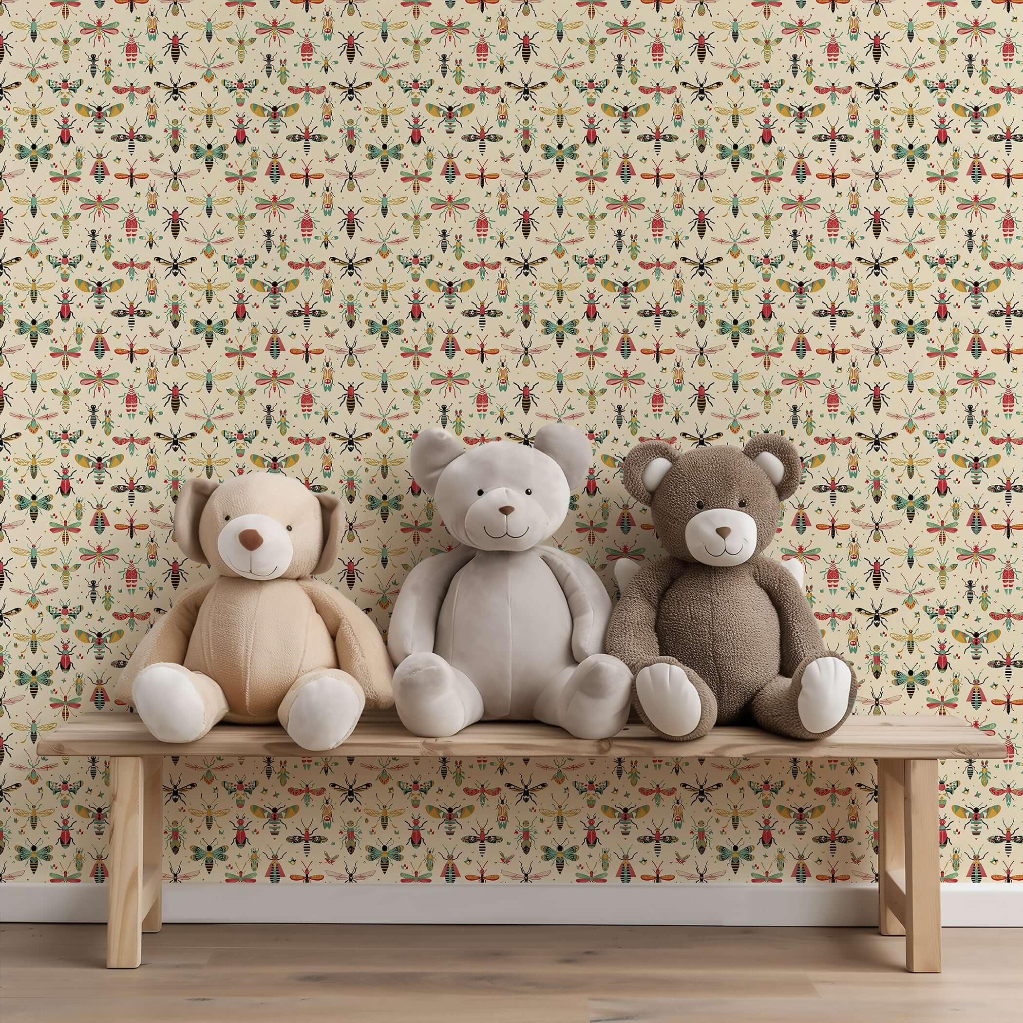 Whimsical Bug Parade wallpaper with colorful insects, ideal for children's nursery or playroom, featuring playful teddy bears on a bench.