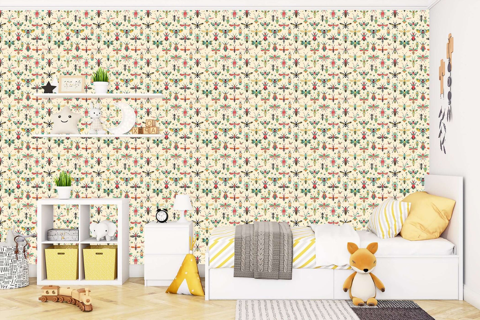 Children's room with Whimsical Bug Parade wallpaper featuring colorful insects, perfect for nursery or playroom decor.