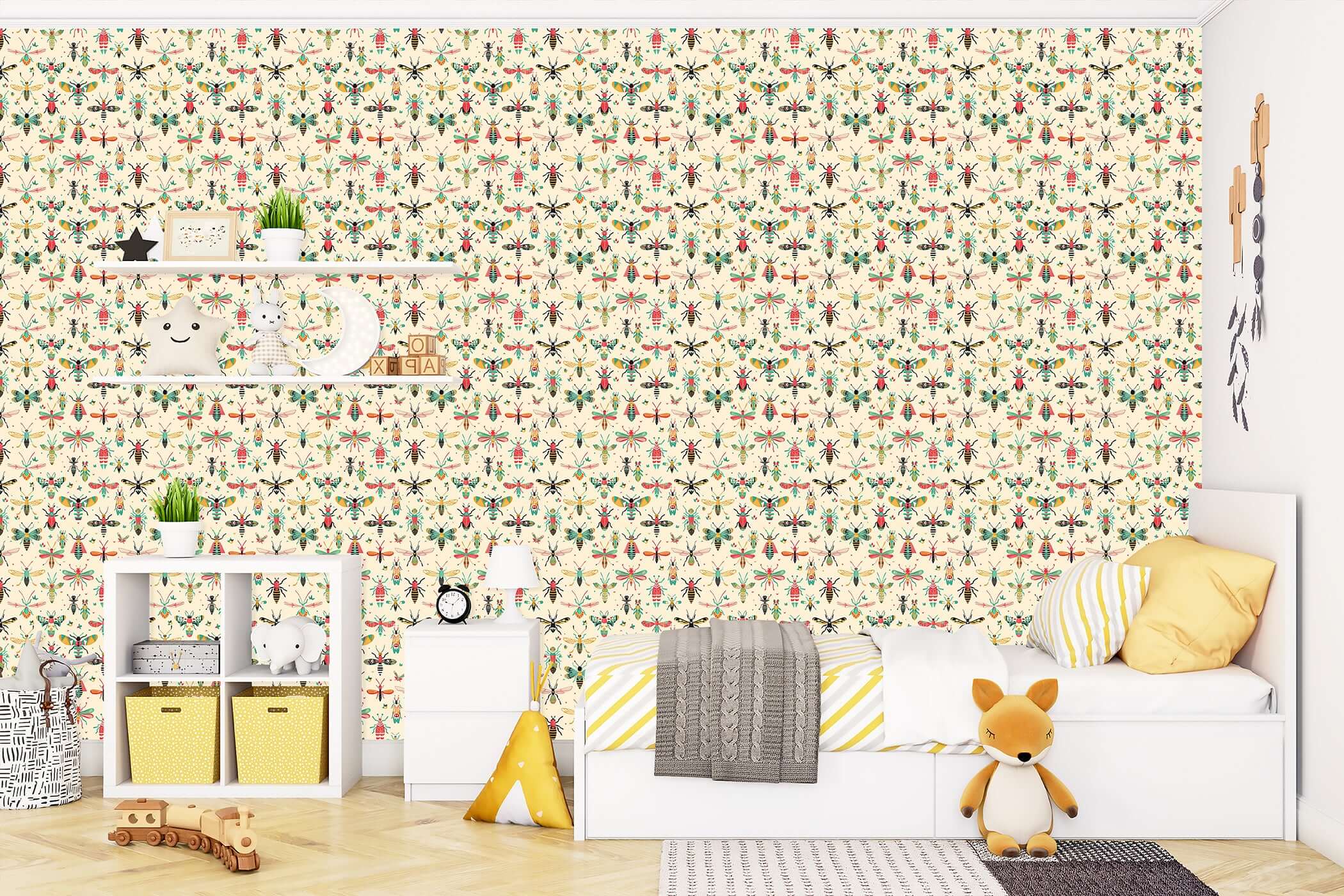 Children's room with Whimsical Bug Parade wallpaper featuring colorful insects, perfect for nursery or playroom decor.