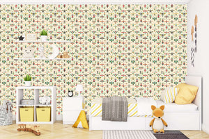 Children's room with Whimsical Bug Parade wallpaper featuring colorful insects, perfect for nursery or playroom decor.