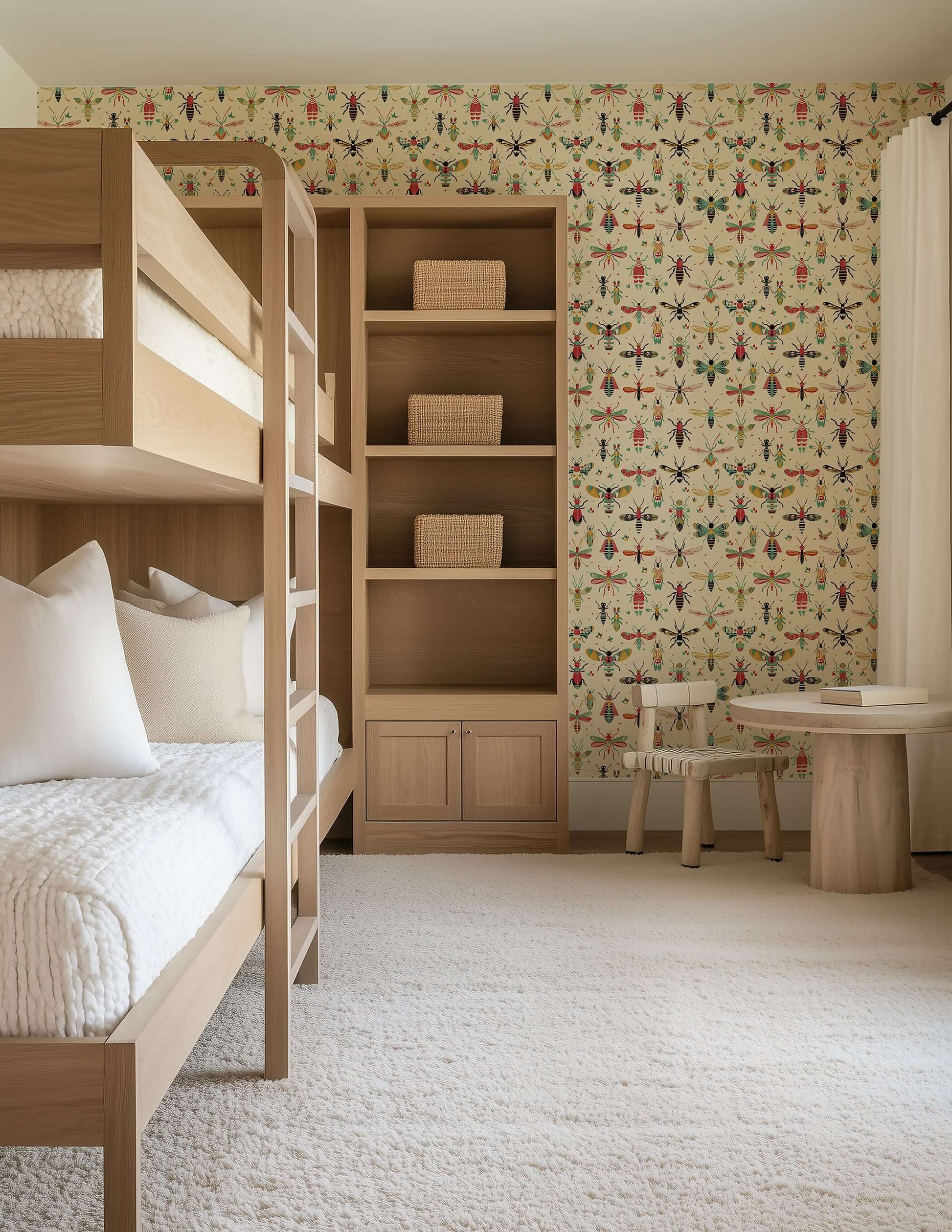 Whimsical Bug Parade Wallpaper in a children's room with bunk bed, showcasing colorful insects against a soft creamy backdrop.
