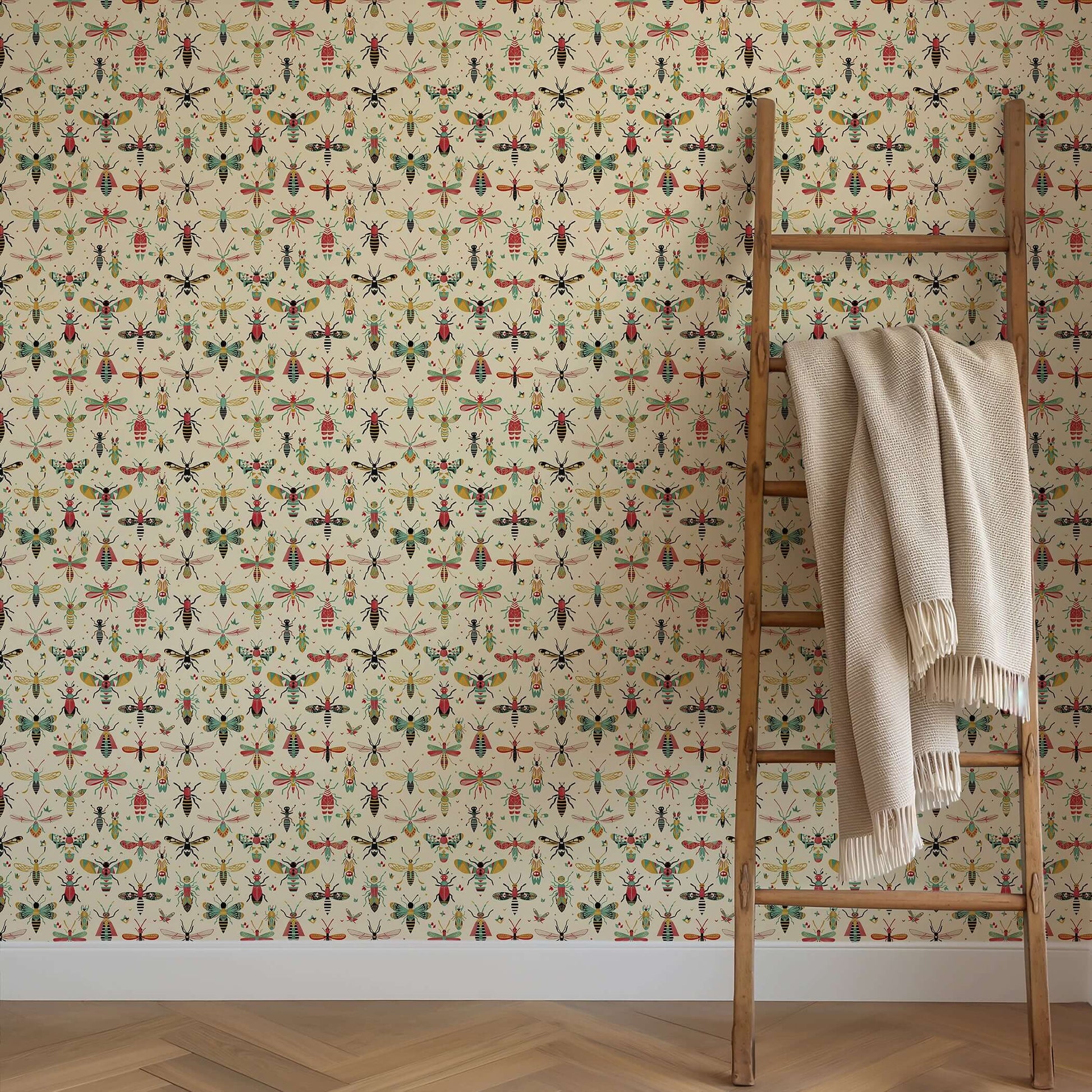 Whimsical Bug Parade Wallpaper featuring colorful insects, ideal for children's nursery or playroom decor, adds playful charm to walls.