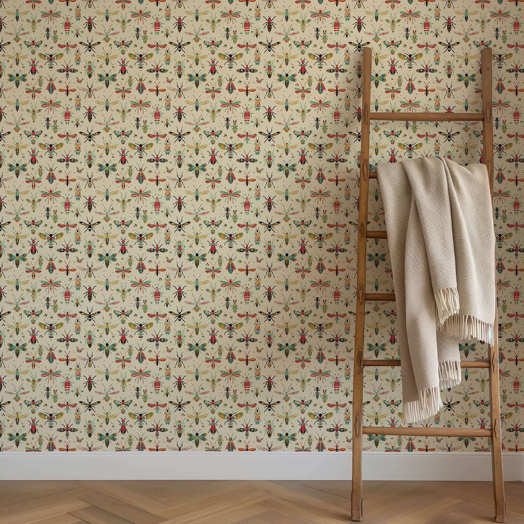 Whimsical Bug Parade Wallpaper featuring colorful insects, ideal for children's nursery or playroom decor, adds playful charm to walls.