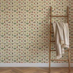 Whimsical Bug Parade Wallpaper featuring colorful insects, ideal for children's nursery or playroom decor, adds playful charm to walls.