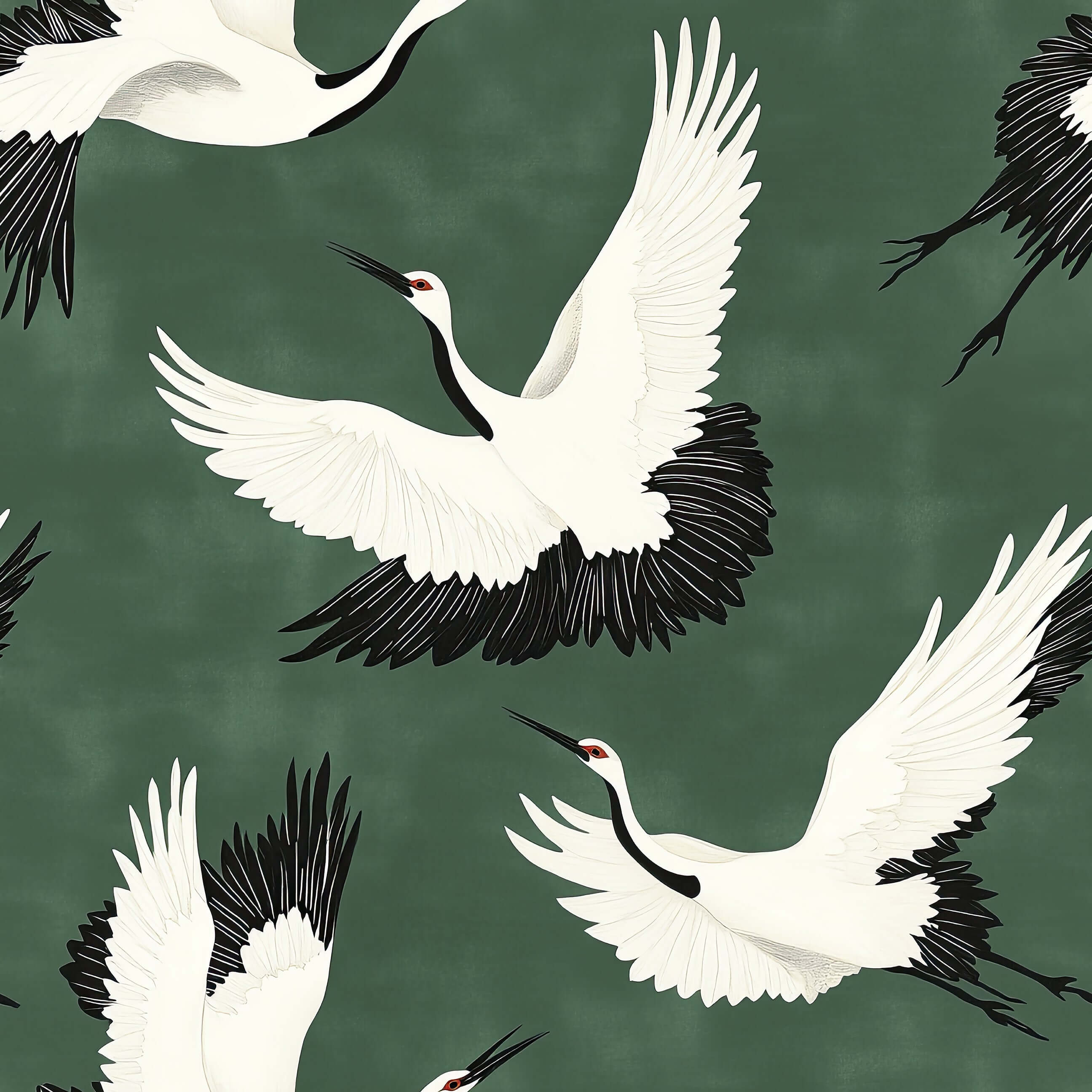 Cranes soaring on lush green wallpaper, embodying classic and contemporary bird design for elegant spaces.
