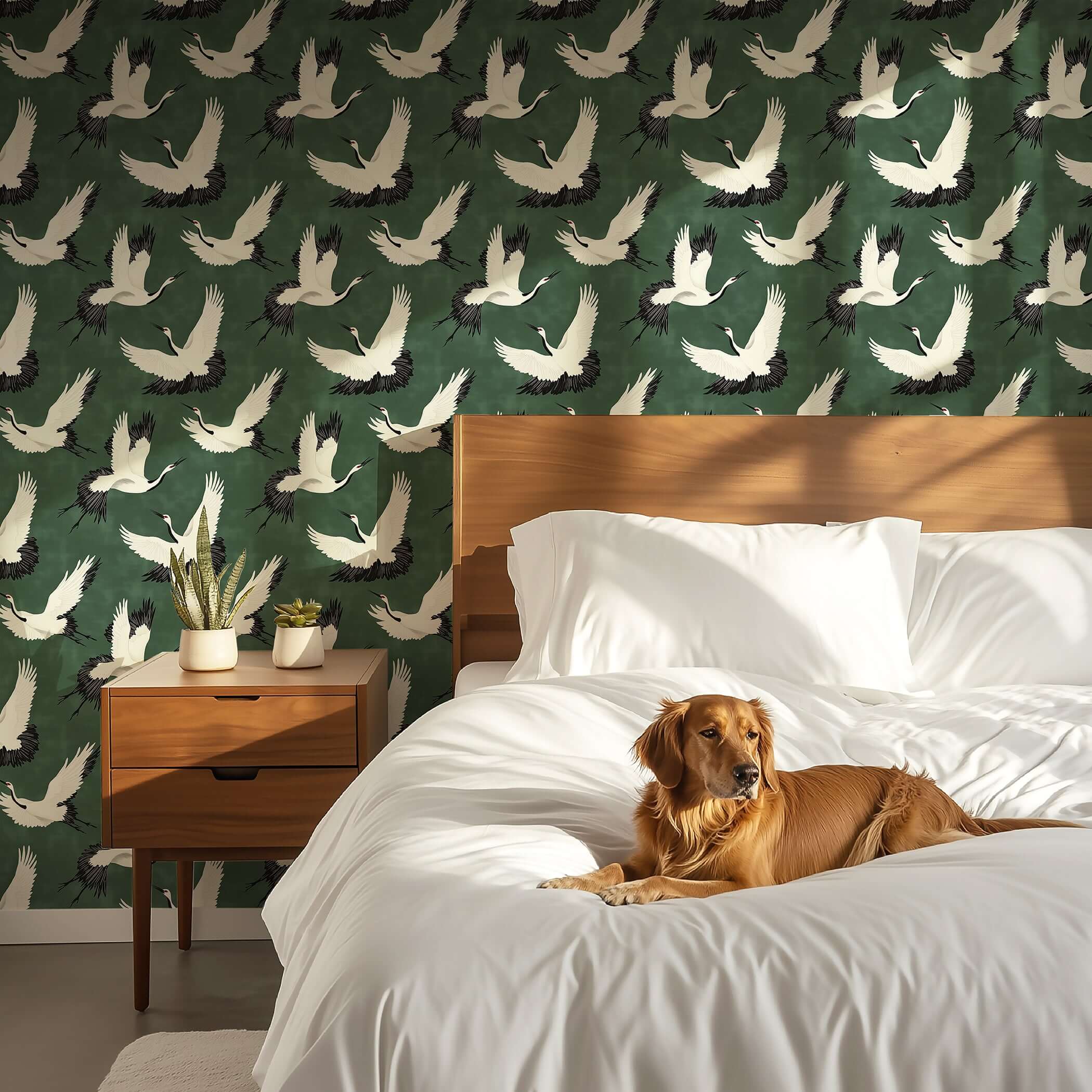 Elegant Flight of the Cranes wallpaper with white birds on green, creating a contemporary and classic design in a cozy bedroom.