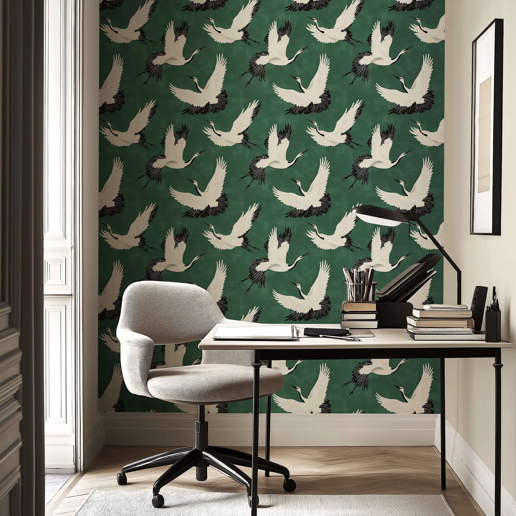 Wallpaper featuring white cranes flying across a lush green background, creating a contemporary and classic design for home and office.