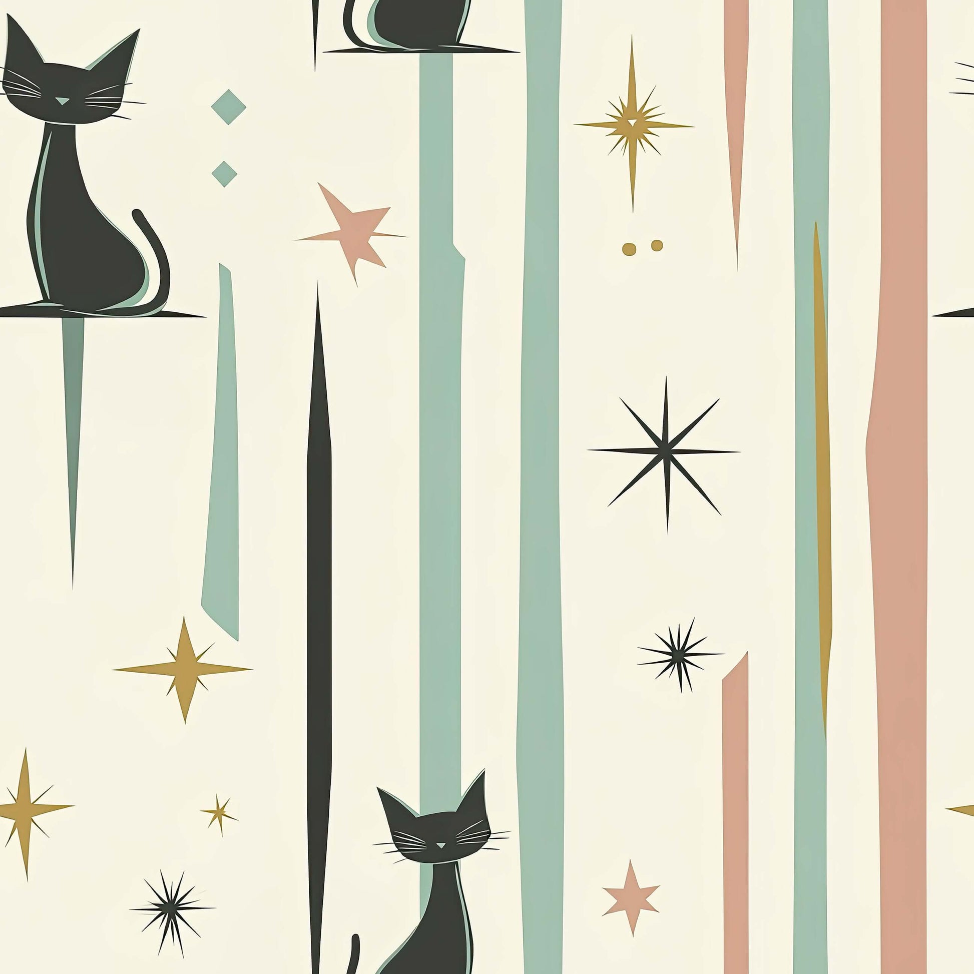 Cosmic Cats Wallpaper with sleek black cats, retro starbursts, and pastel abstract shapes for a mid-century modern look in children's rooms.