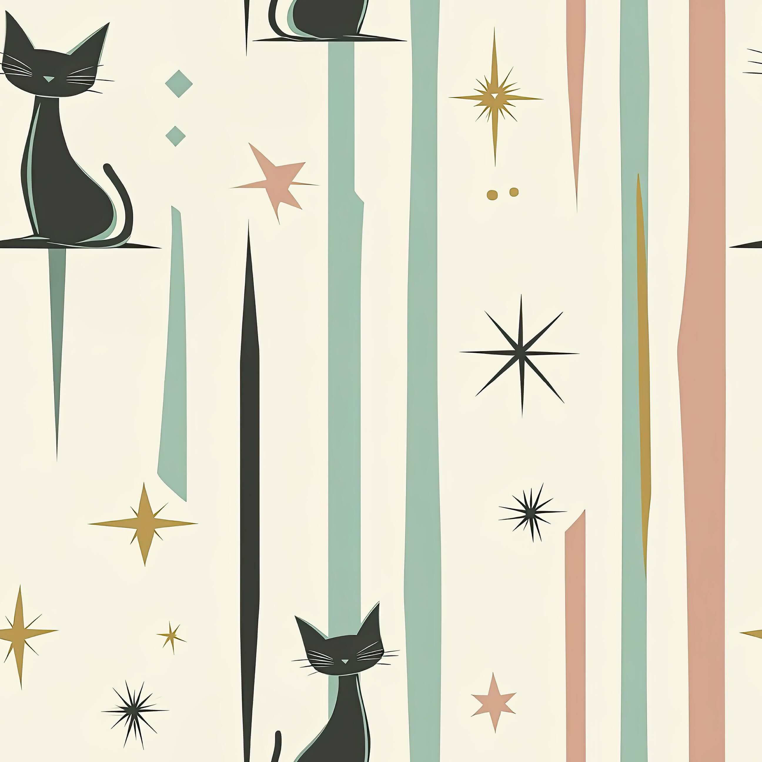 Cosmic Cats Wallpaper with sleek black cats, retro starbursts, and pastel abstract shapes for a mid-century modern look in children's rooms.