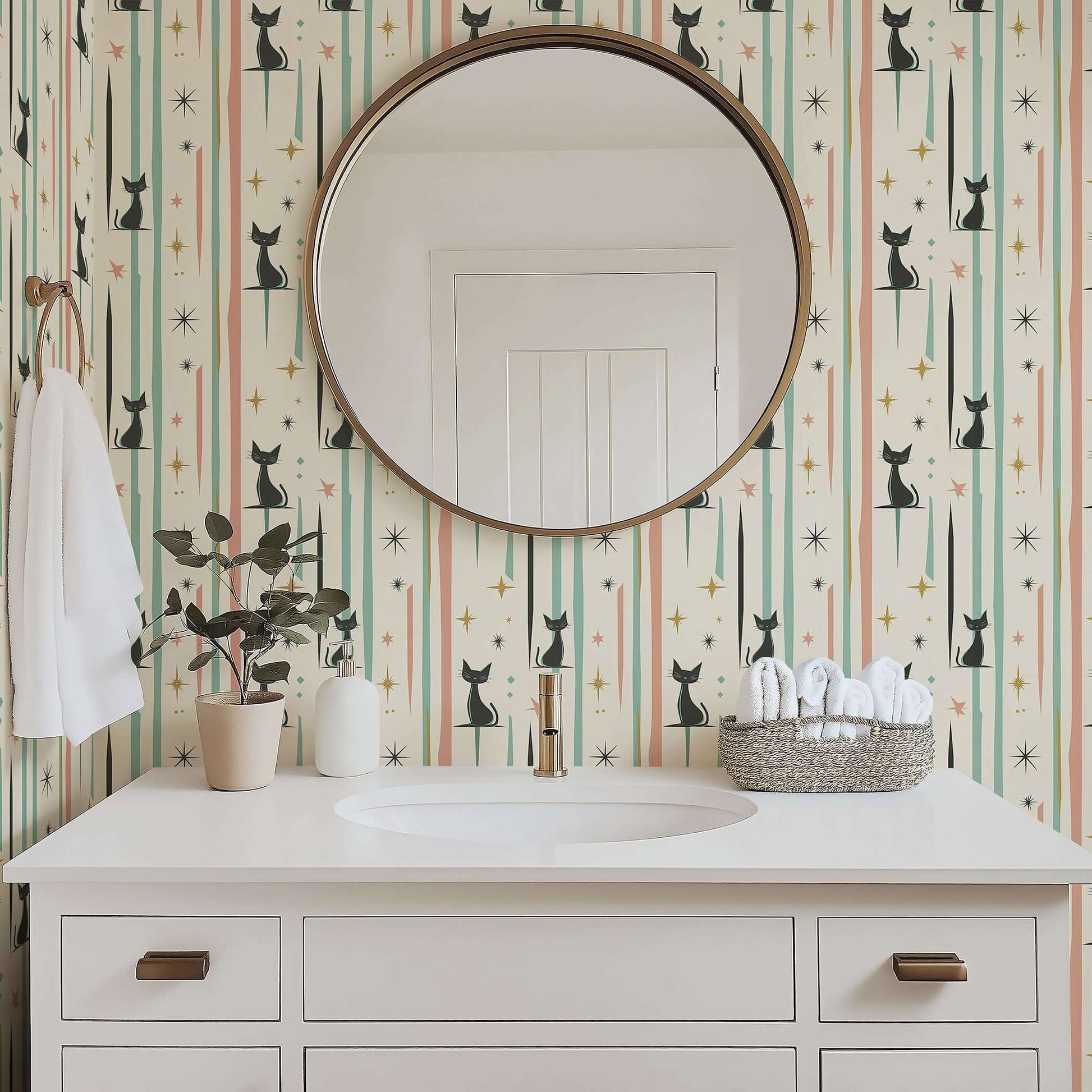 Mid-century modern wallpaper with playful black cats, starbursts, and pastel tones perfect for a children's nursery or playroom.