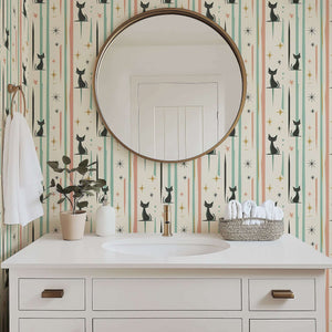 Mid-century modern wallpaper with playful black cats, starbursts, and pastel tones perfect for a children's nursery or playroom.
