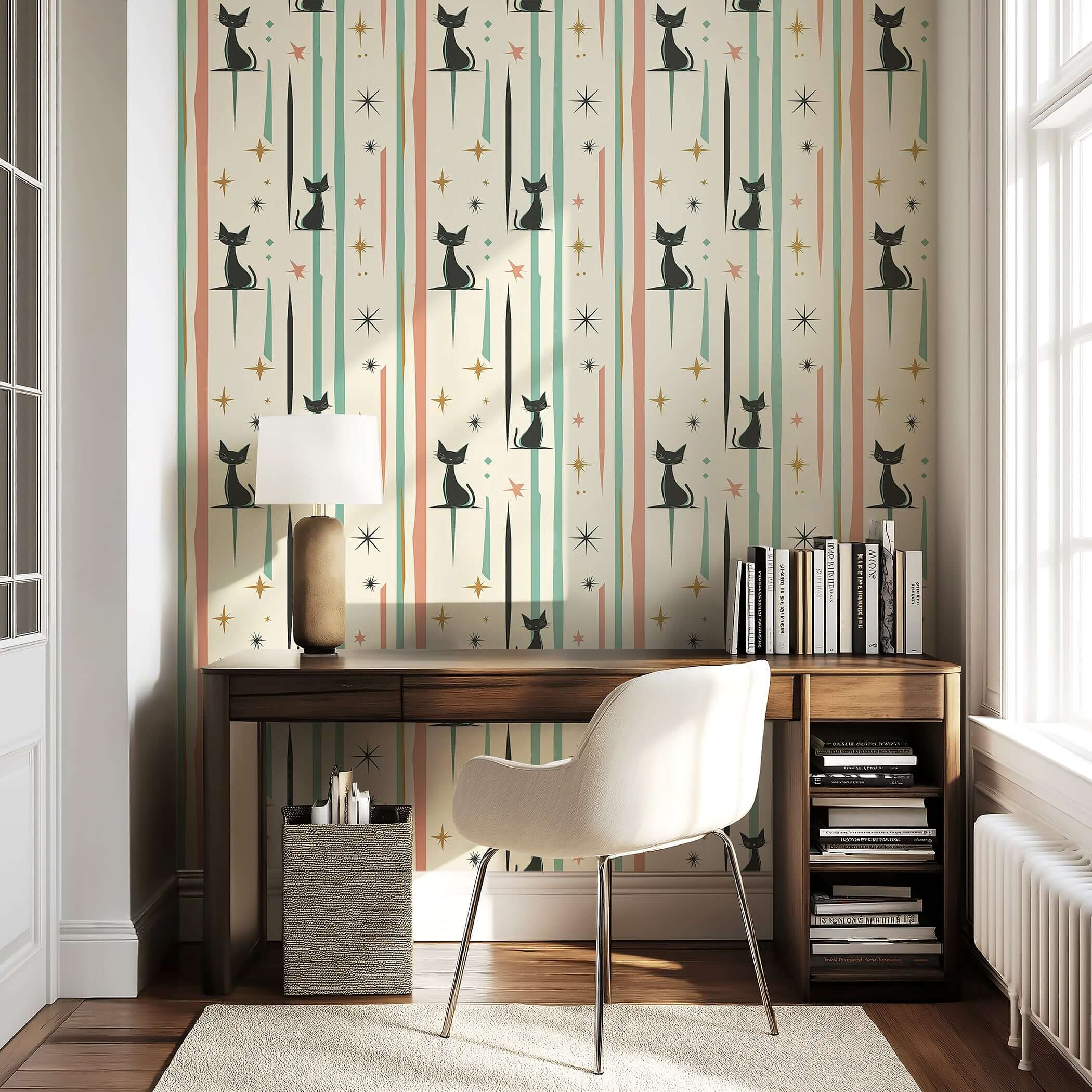 Mid-century modern Cosmic Cats wallpaper with black cats, pastel retro starbursts in a cozy study. Ideal for nurseries or playrooms.