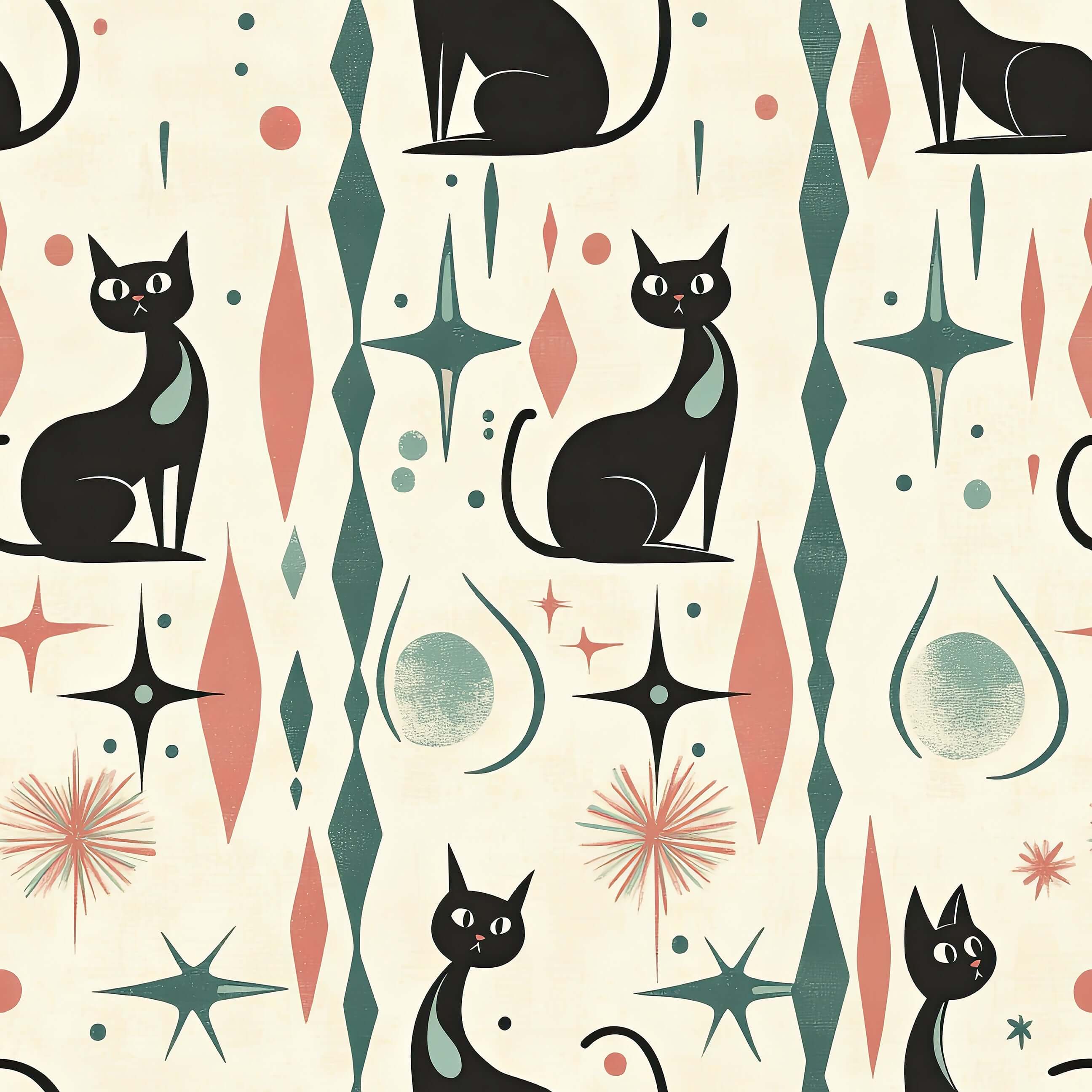 Retro wallpaper featuring sleek black cats with atomic shapes and mid-century modern design in coral and teal, perfect for nurseries.