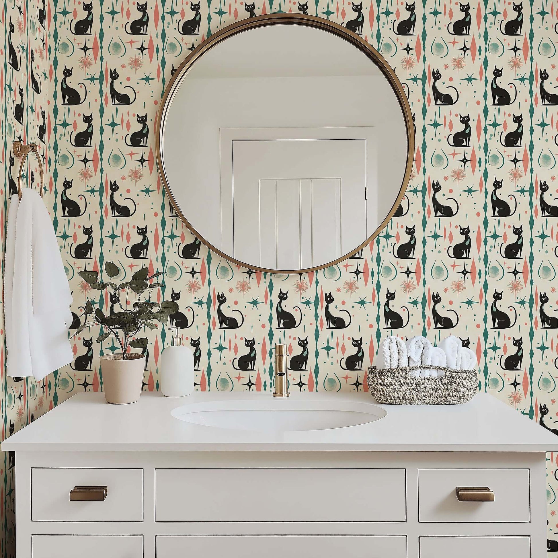 Retro-futuristic wallpaper featuring black cats and atomic shapes in soft coral and teal, perfect for mid-century modern children’s rooms.