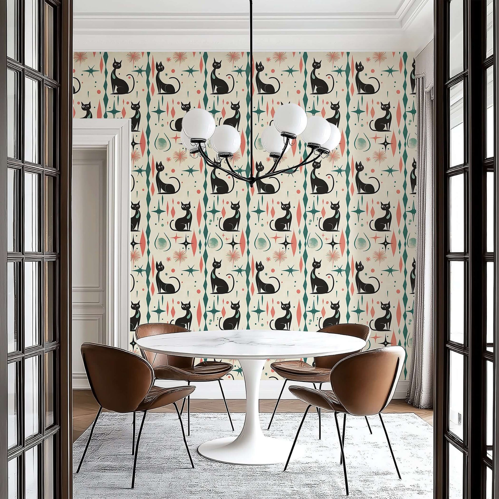 Retro-futuristic wallpaper featuring black cats with atomic motifs in a chic dining room, ideal for mid-century modern decor.