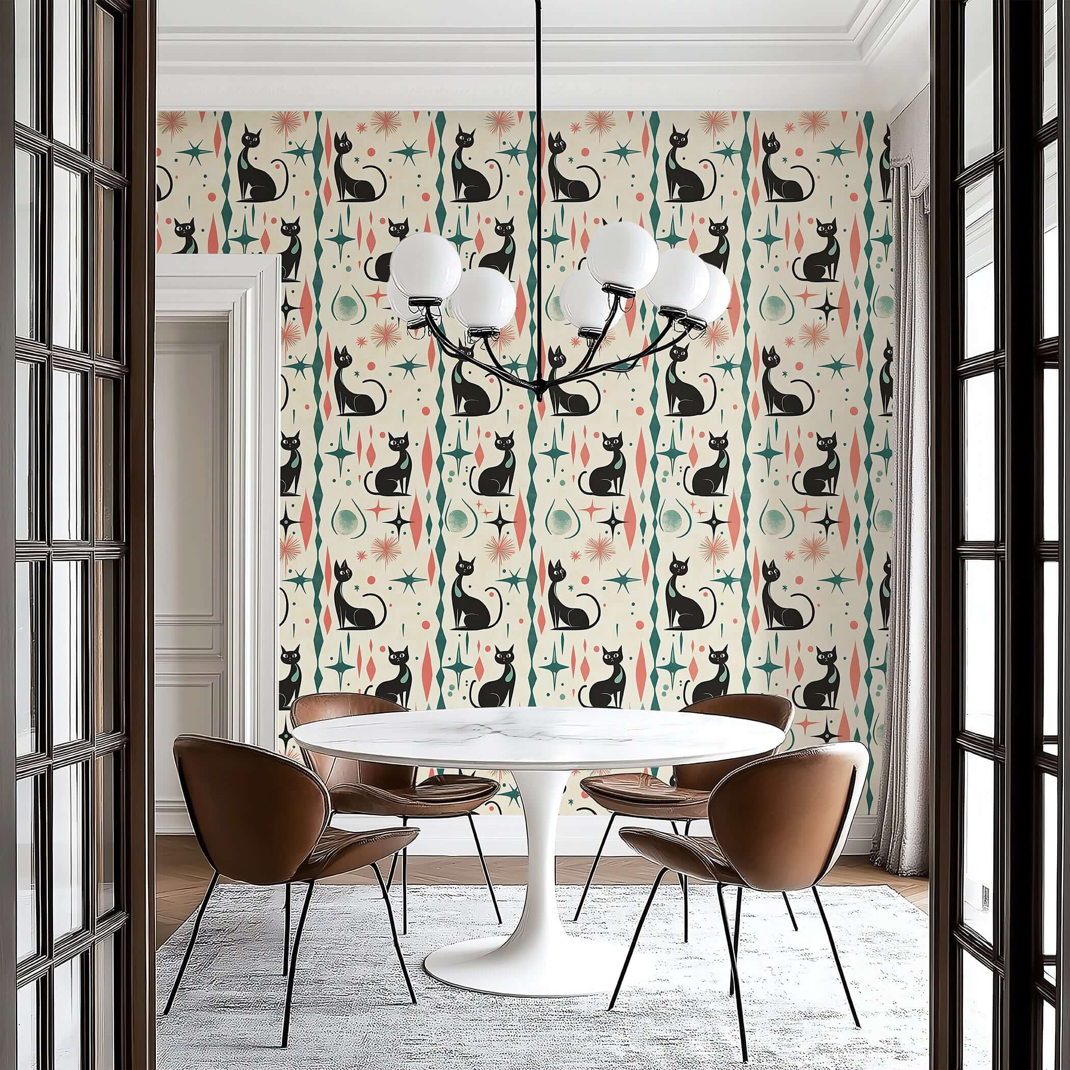 Retro-futuristic wallpaper featuring black cats with atomic motifs in a chic dining room, ideal for mid-century modern decor.